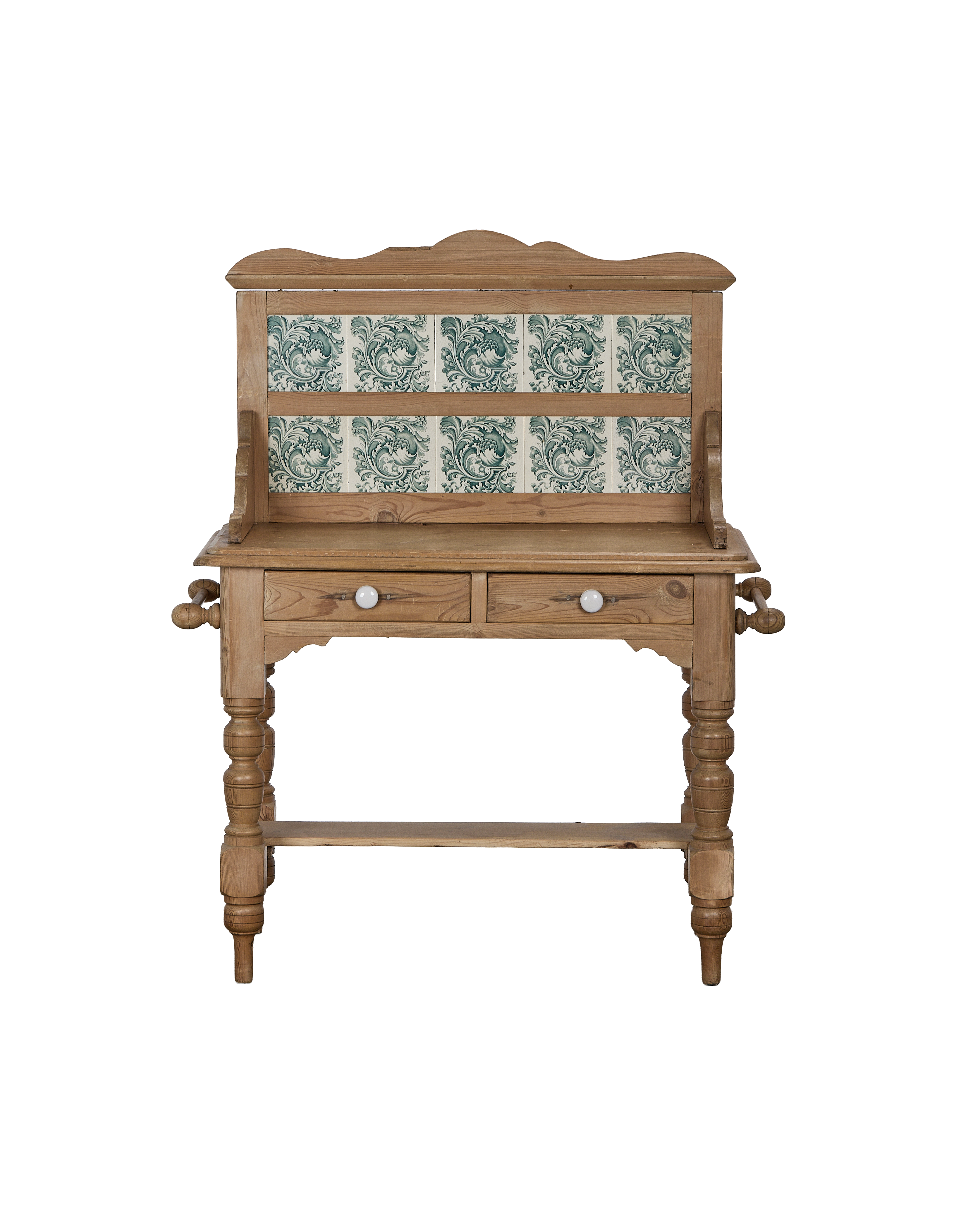 Vintage French OAK kitchen display cabinet with ornate tiled backsplash and turned legs.