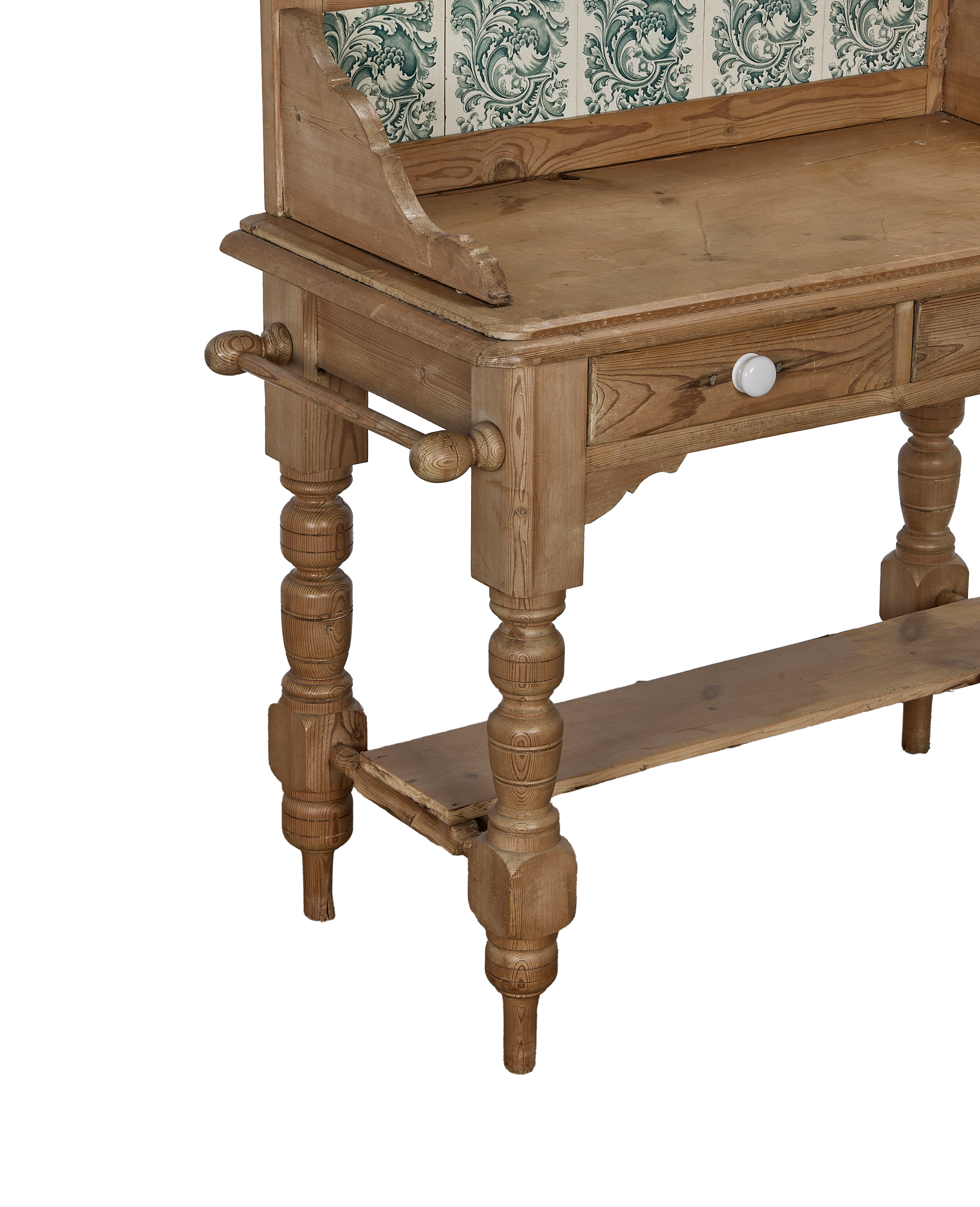 Vintage French oak kitchen cabinet left side showing ceramic towel bar detail.