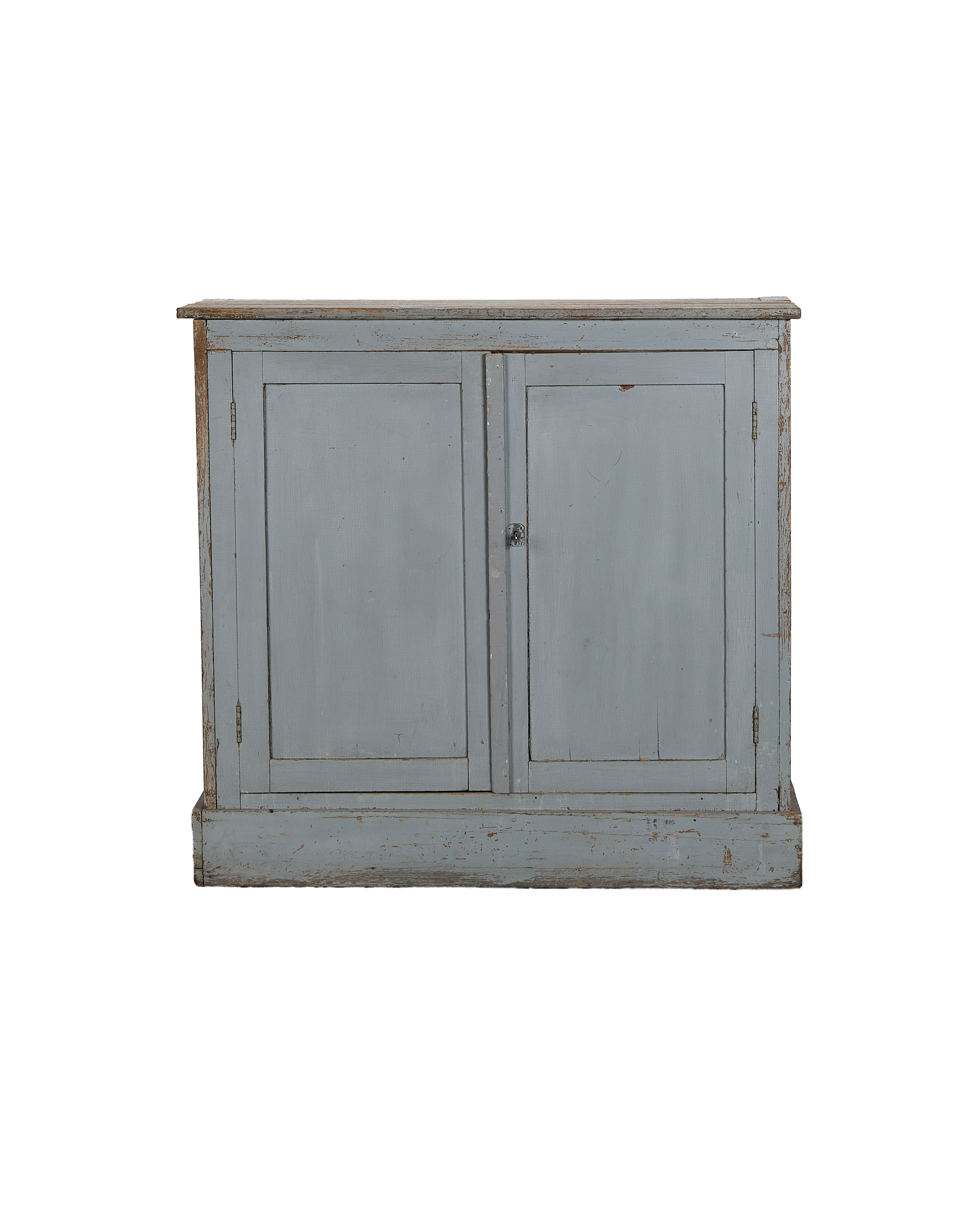 Vintage French oak cabinet, faded blue painted finish, two doors, distressed condition.