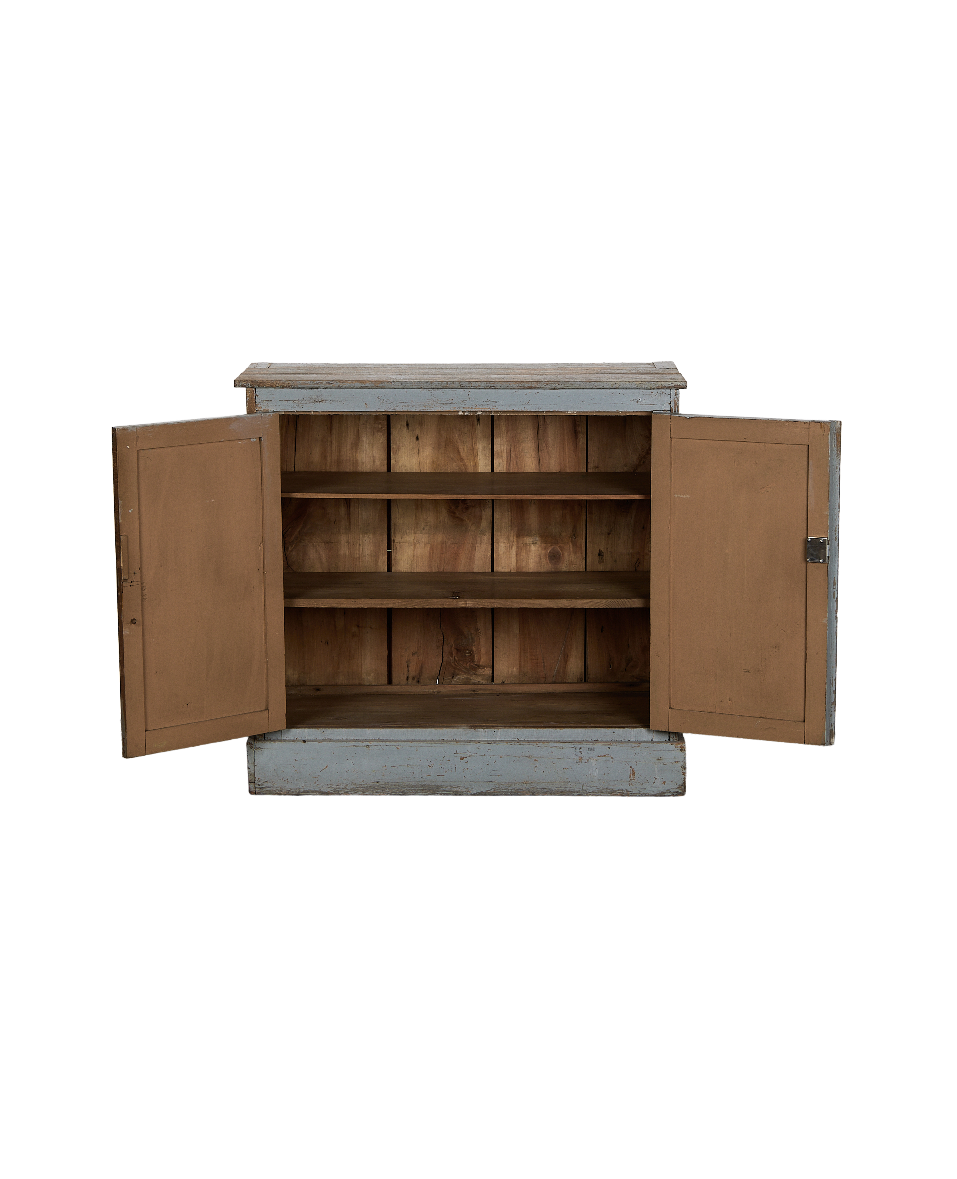 Vintage French oak cabinet with open doors reveals aged wood shelves, distressed light blue paint.