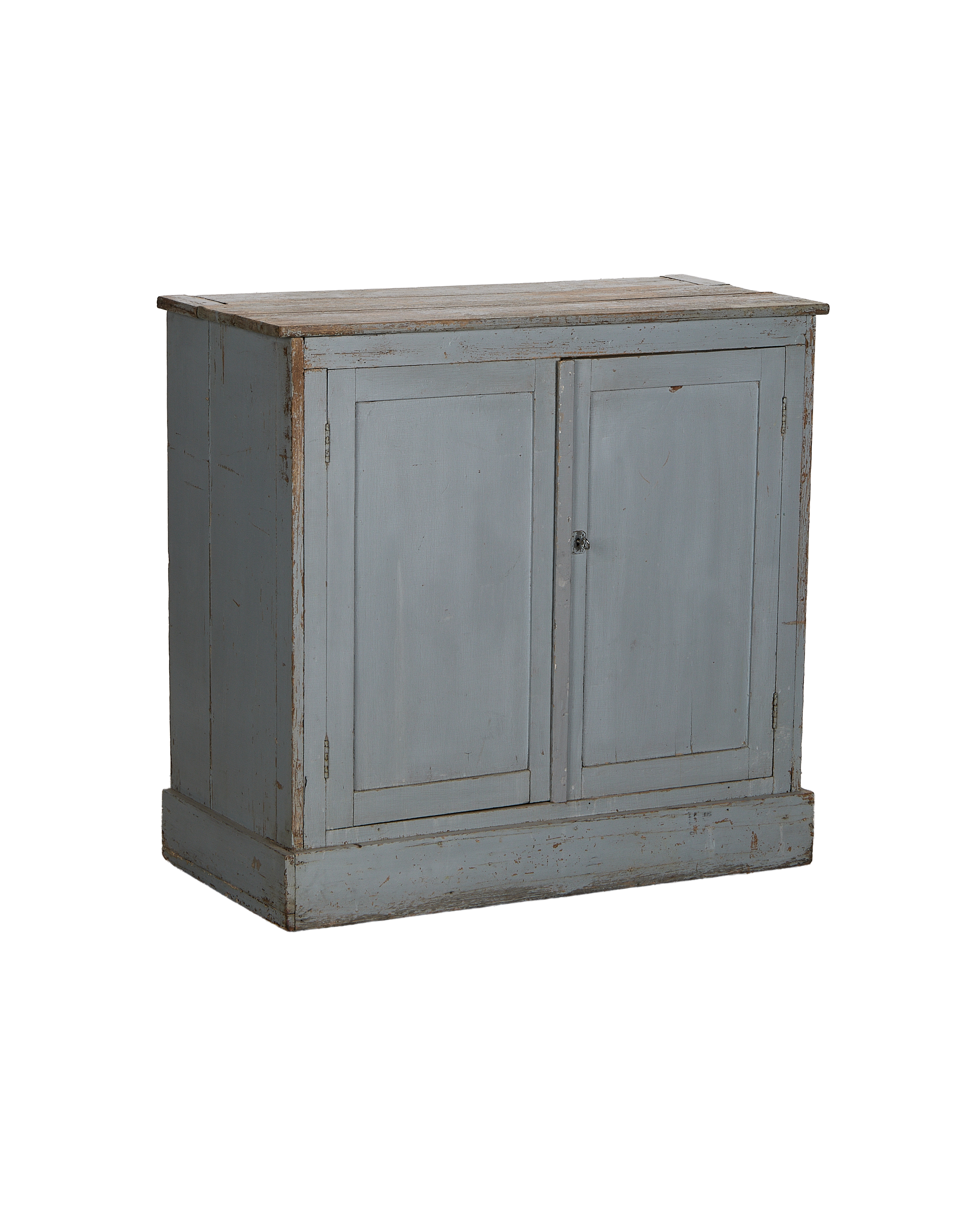 Vintage French oak cabinet, distressed faded light blue paint, showing worn top surface and base.