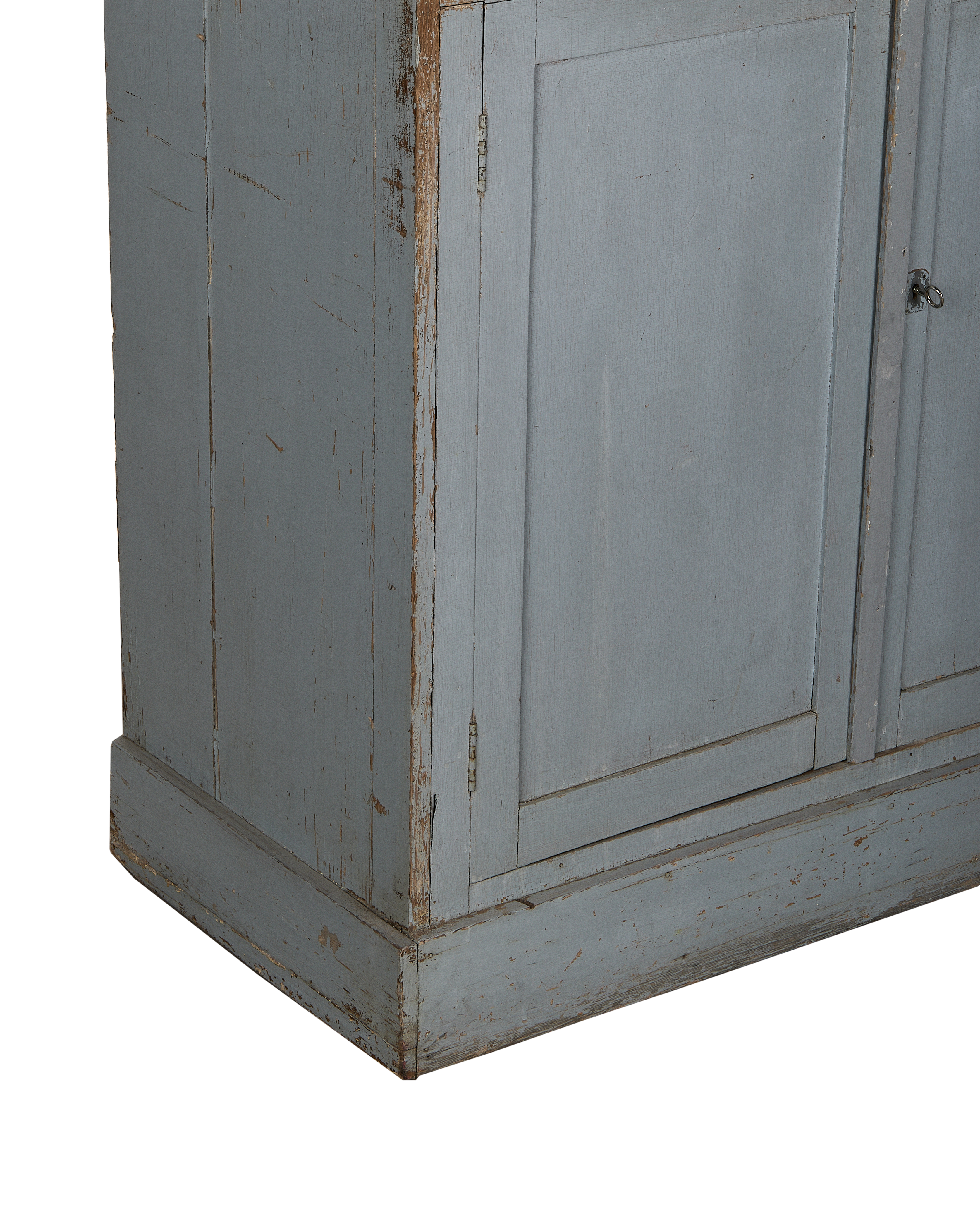 Vintage French oak cabinet, distressed light blue paint, showing side panel, door, and base.