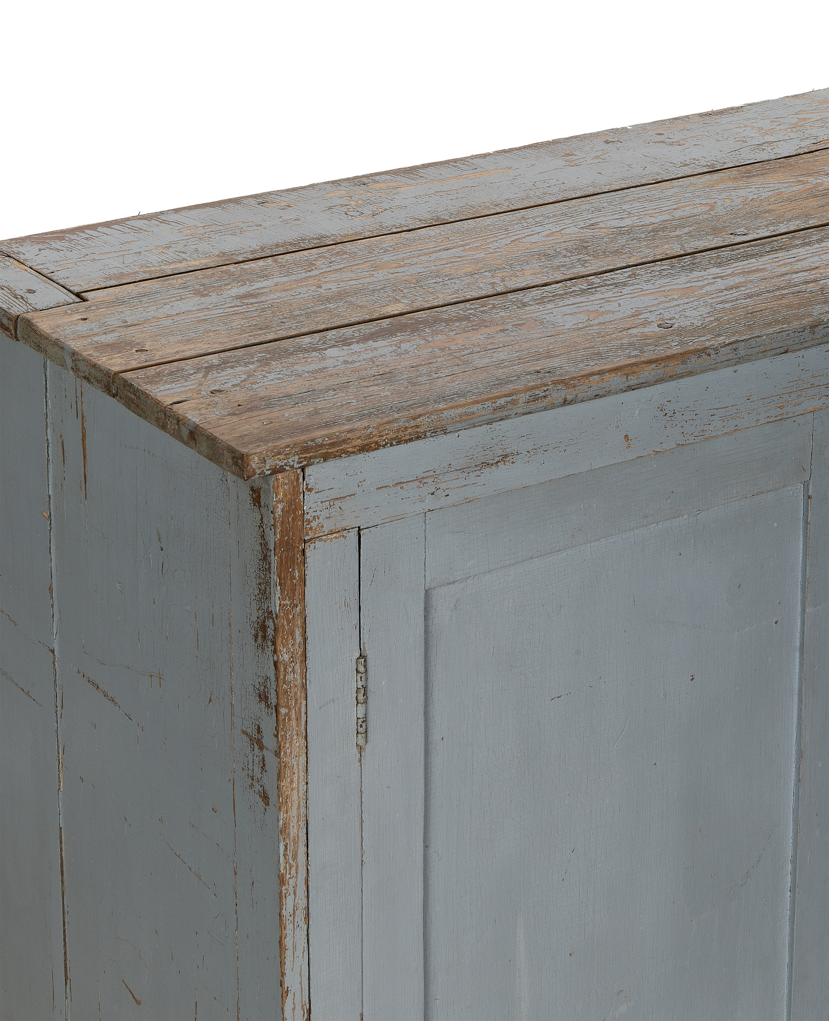 Vintage French oak wood cabinet, detailed view of distressed blue-gray painted finish and hinge.