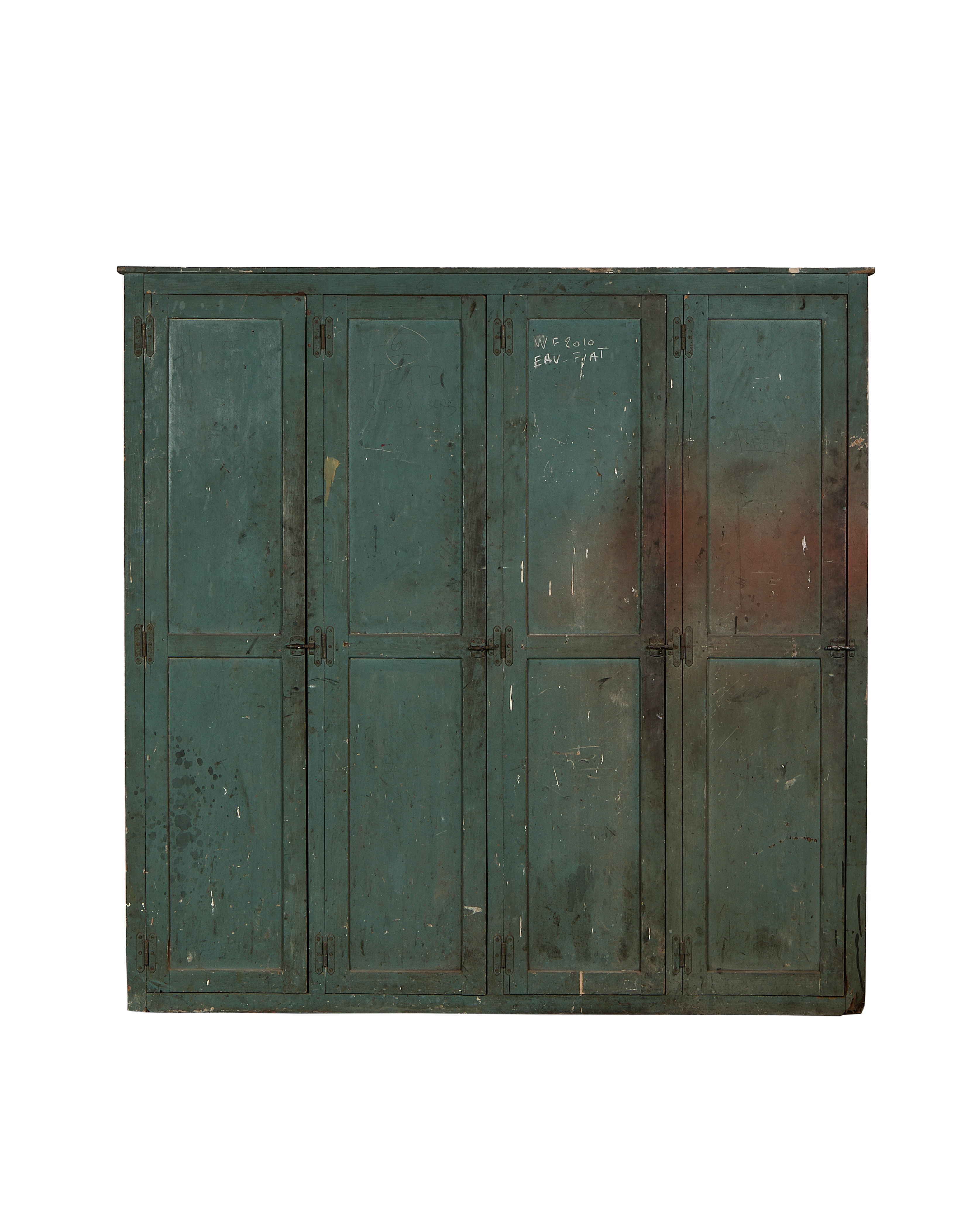 Vintage French oak locker cabinet with distressed teal/green paint, six paneled doors.