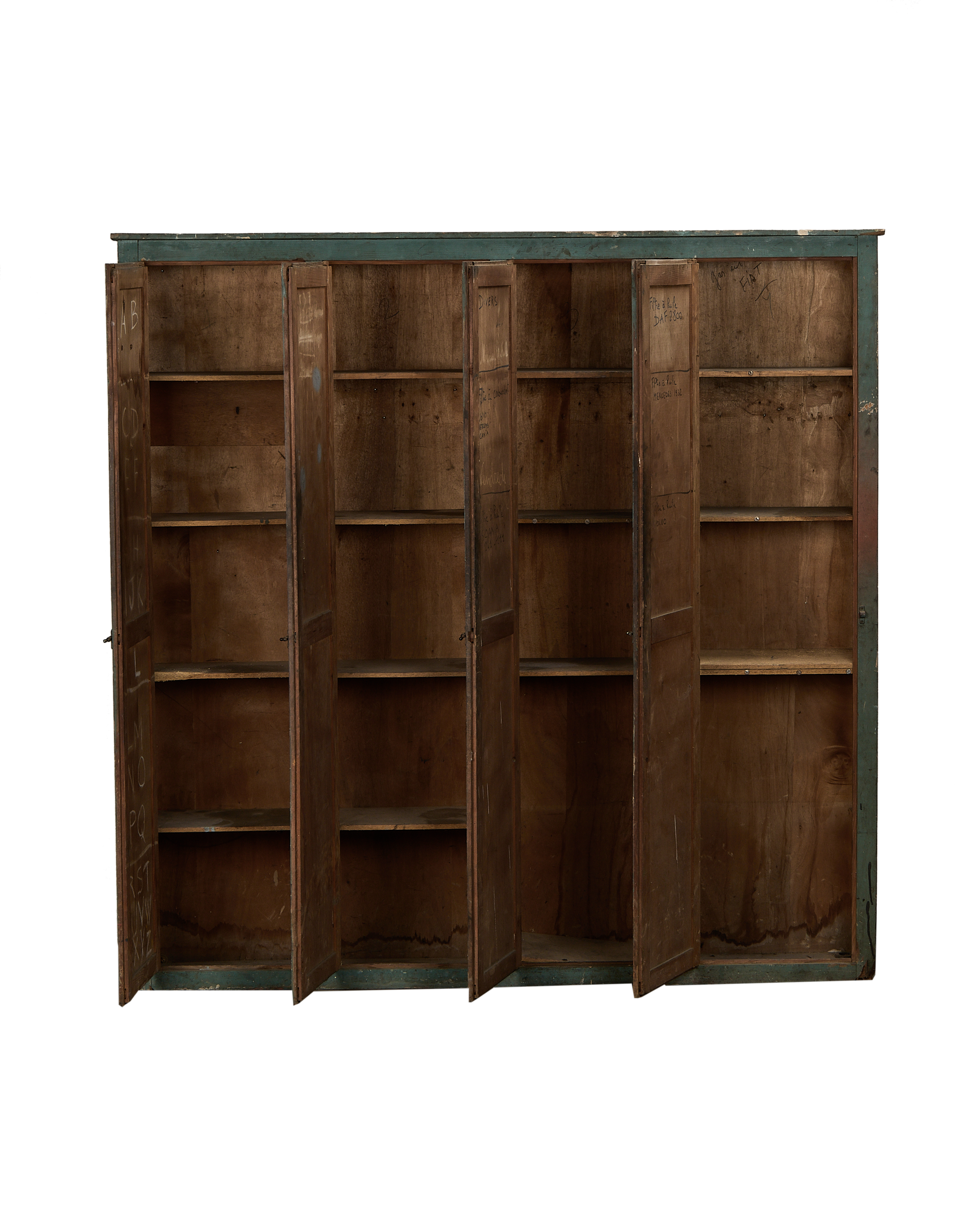 French vintage oak locker cabinet, interior view with open doors and shelves, painted teal details.
