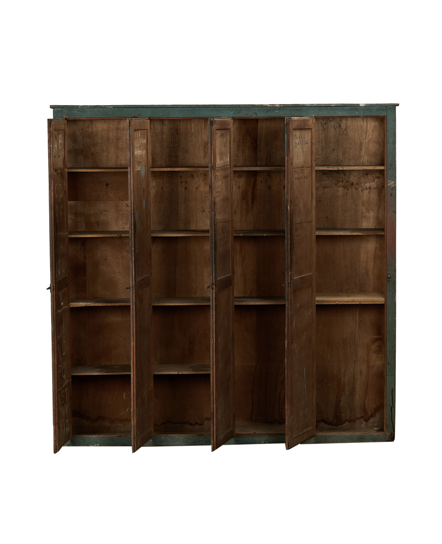 French vintage oak locker cabinet, interior view with open doors and shelves, painted teal details.
