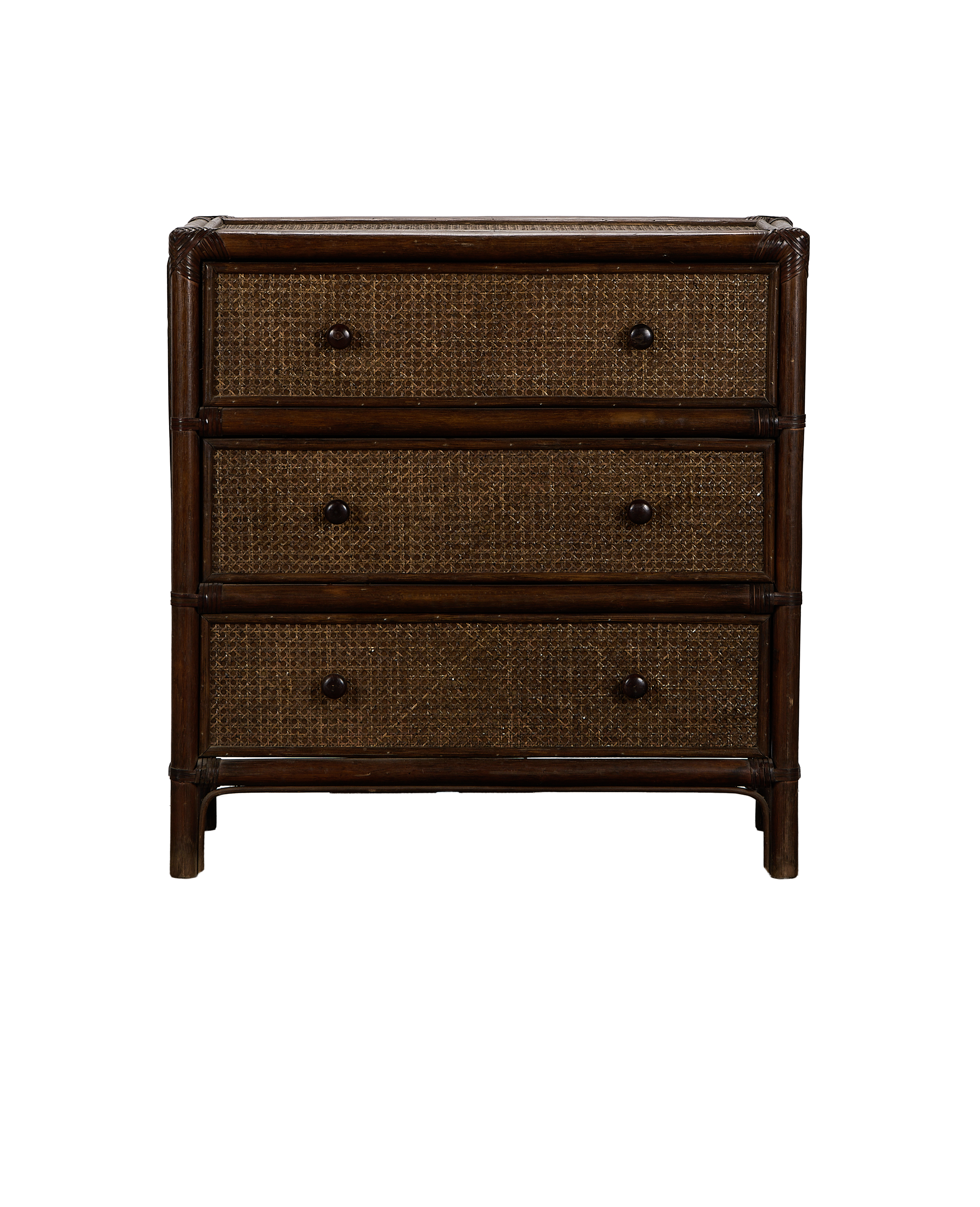 Vintage French oak dresser with three cane-inlay drawers and dark wooden knobs.