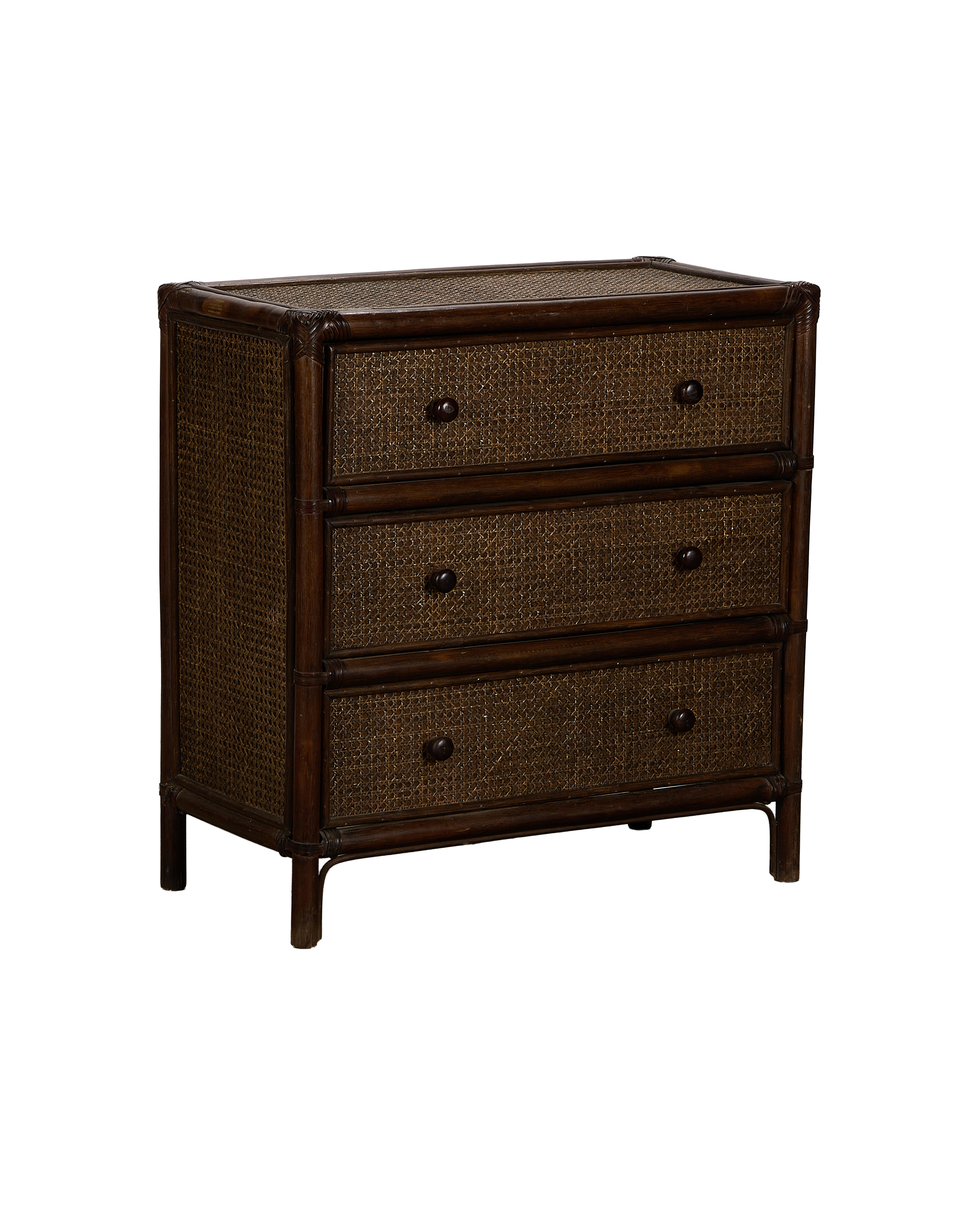 Vintage French oak cane inlay dresser, three drawers with woven fronts and dark knobs.