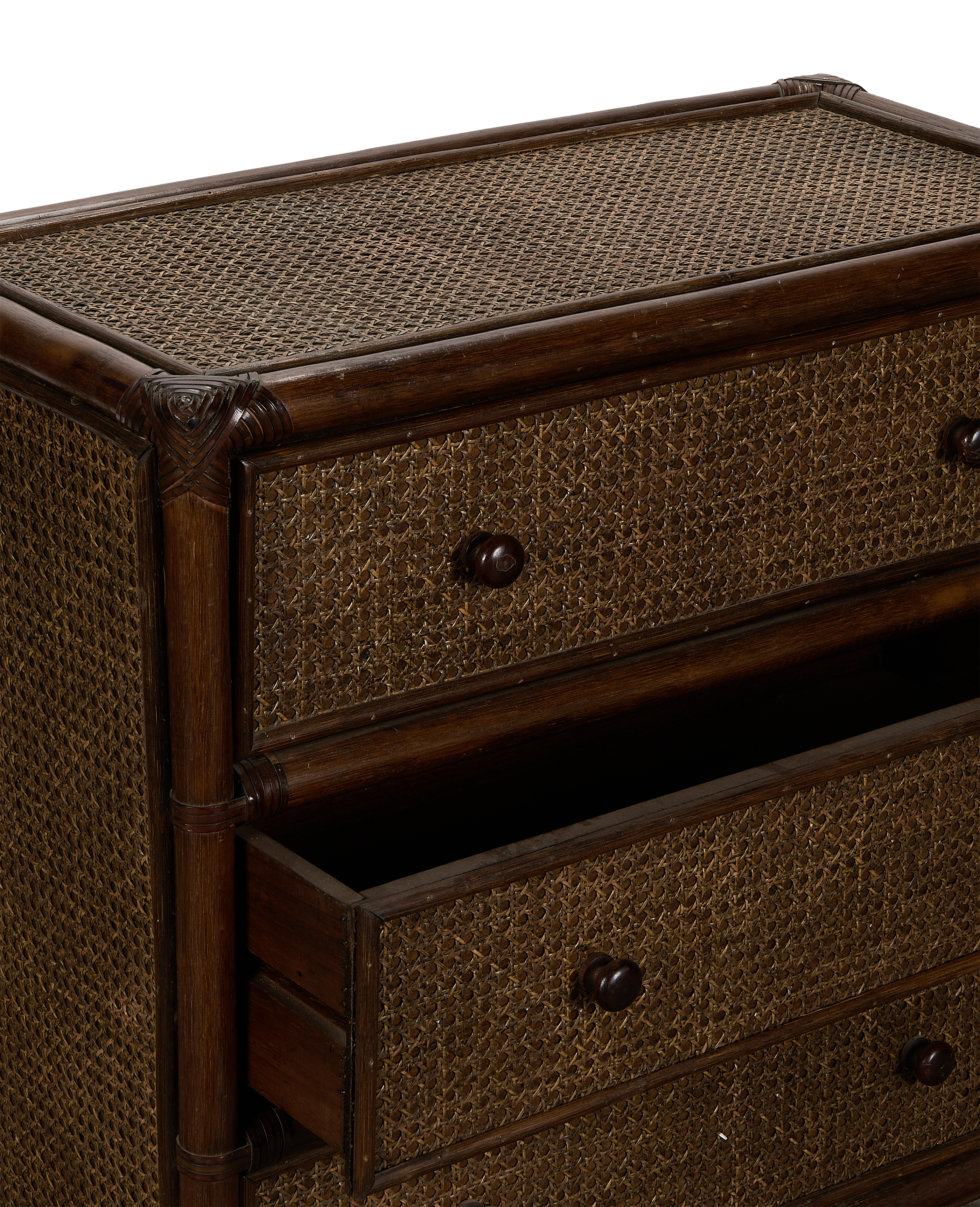 Vintage Cane Oak Dresser, France. Close-up: open drawer, cane inlay texture, wood knob.