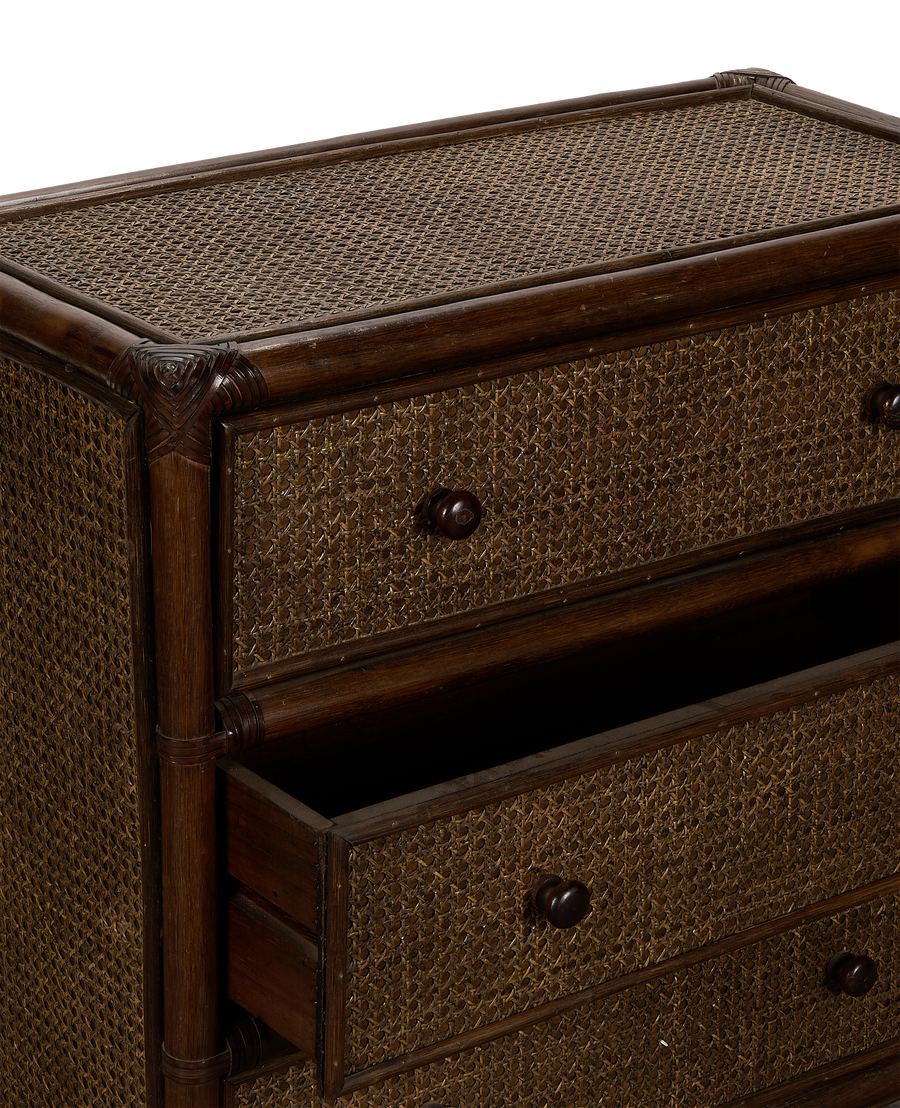 Vintage Cane Oak Dresser, France. Close-up: open drawer, cane inlay texture, wood knob.