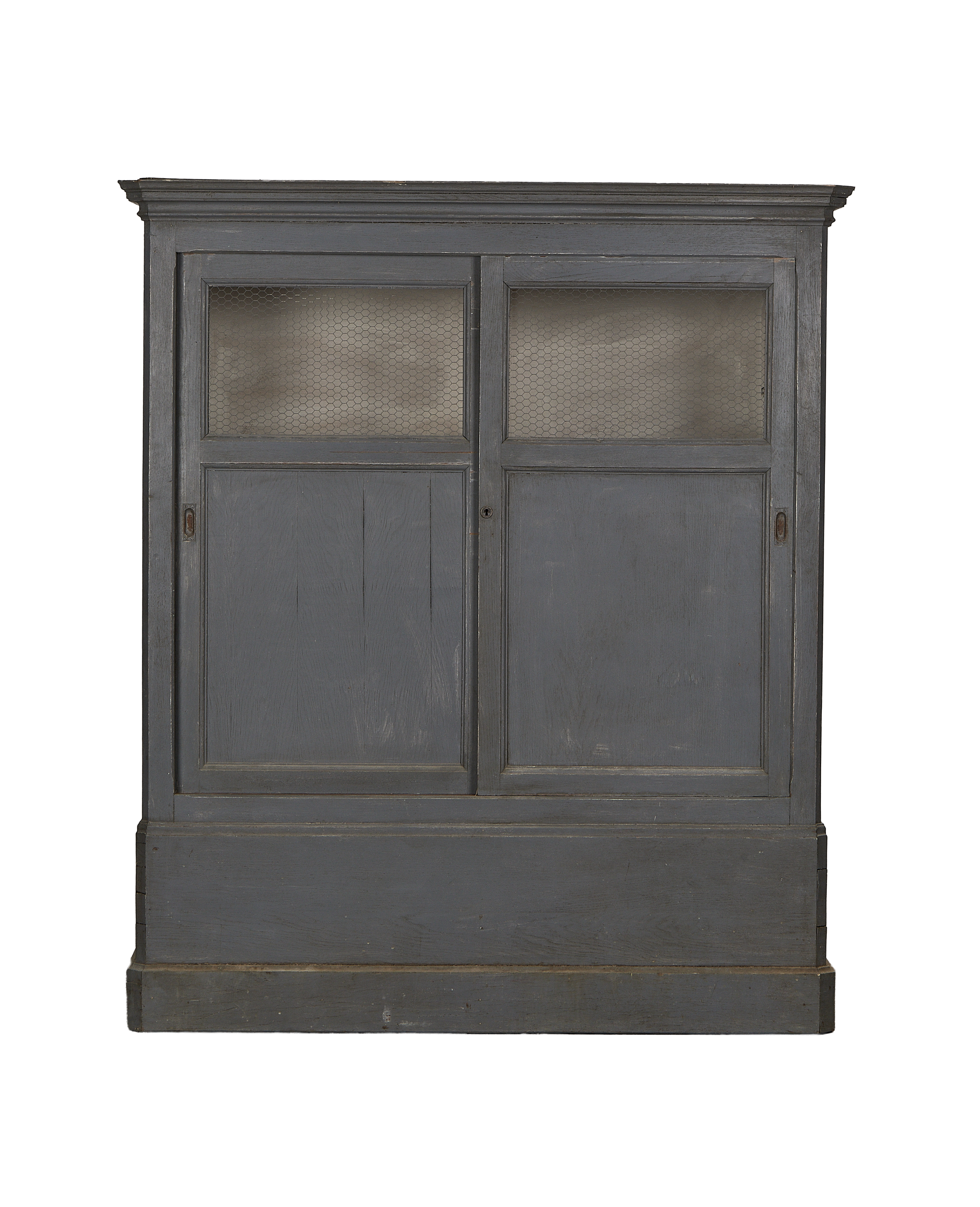 Vintage French oak cabinet, painted in muted gray, with chicken wire glass sliding doors.