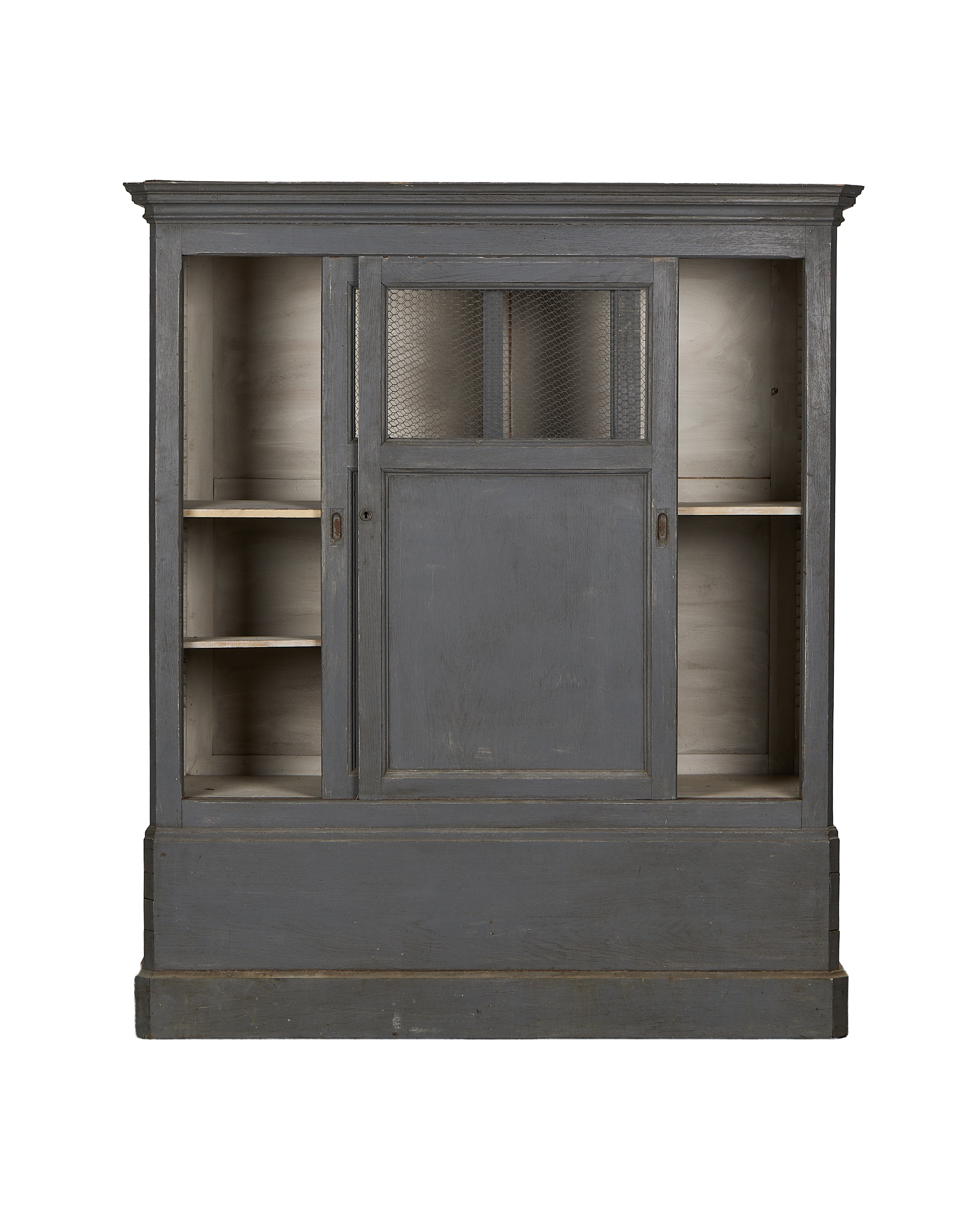 Vintage French gray painted oak cabinet, front view, one glass door with mesh, interior shelves.