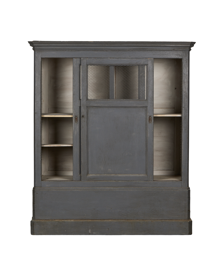 Vintage French gray painted oak cabinet, front view, one glass door with mesh, interior shelves.