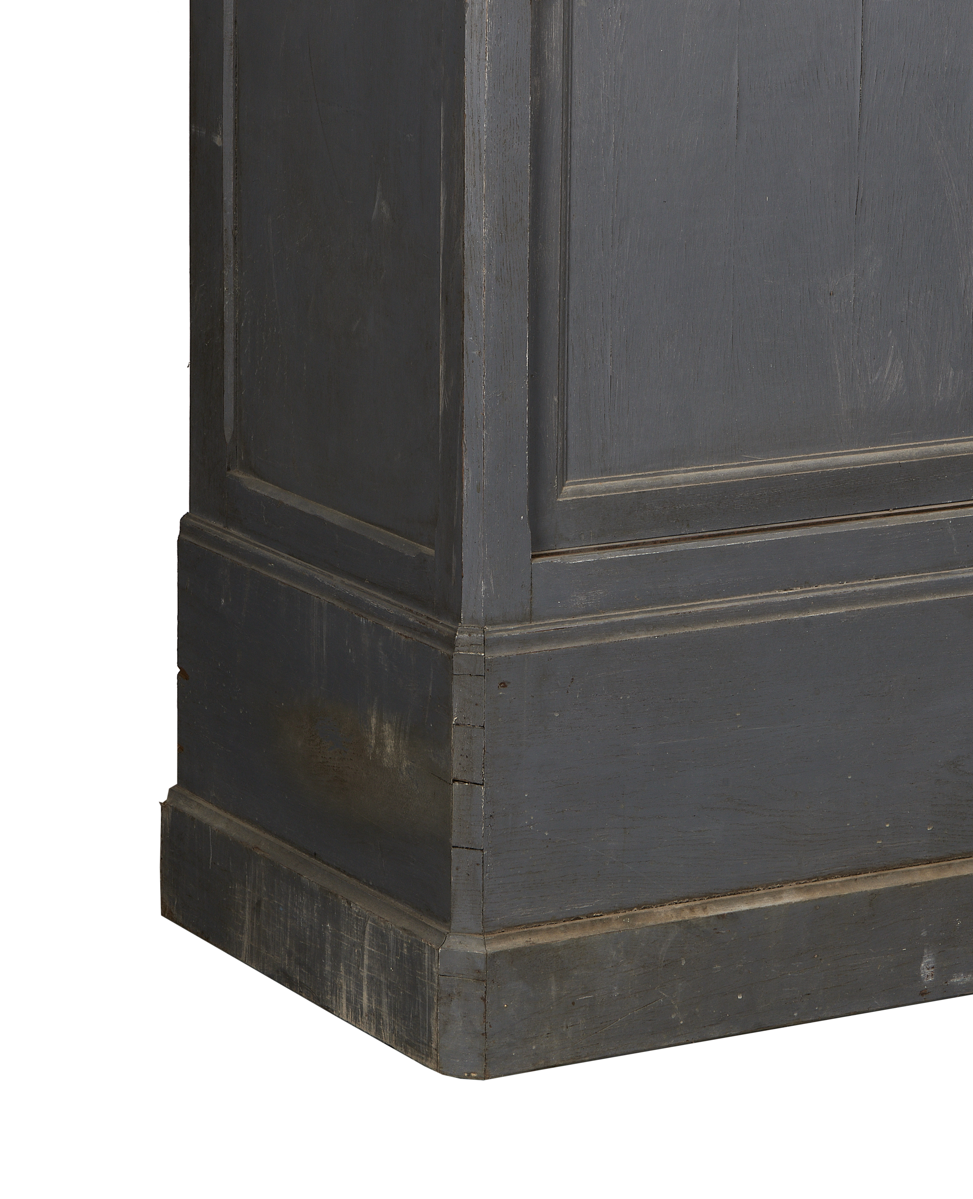 Vintage French oak cabinet, distressed painted finish detail on bottom trim and corner.