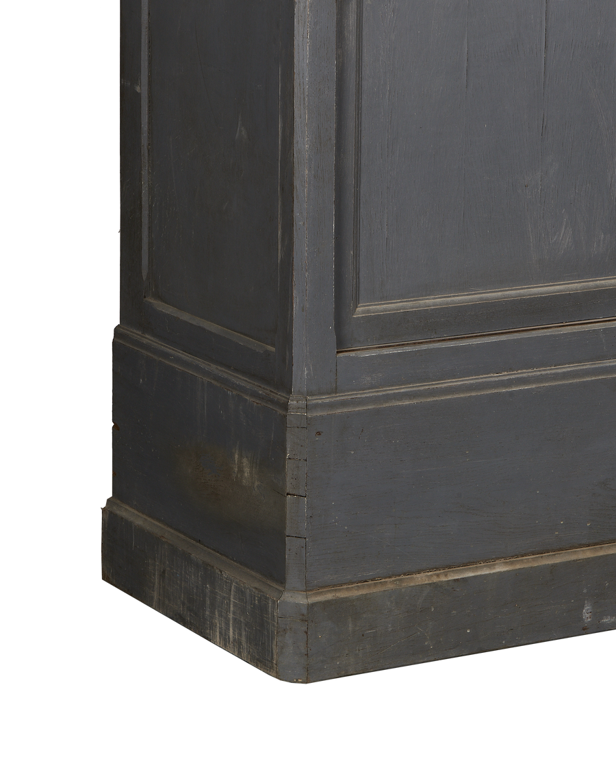 Vintage French oak cabinet, distressed painted finish detail on bottom trim and corner.