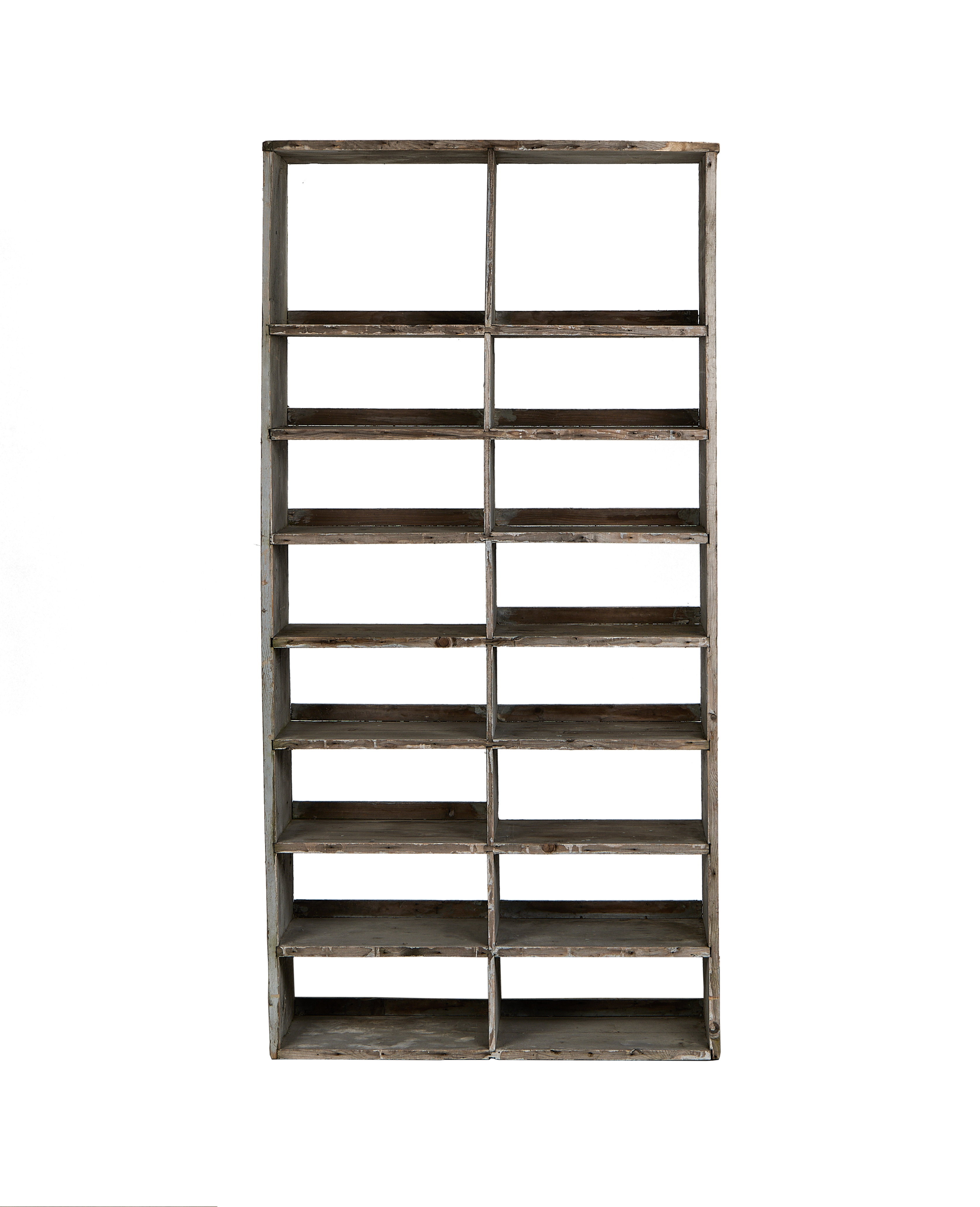 French vintage oak painted shelves, tall rectangular view, multiple interior compartments.