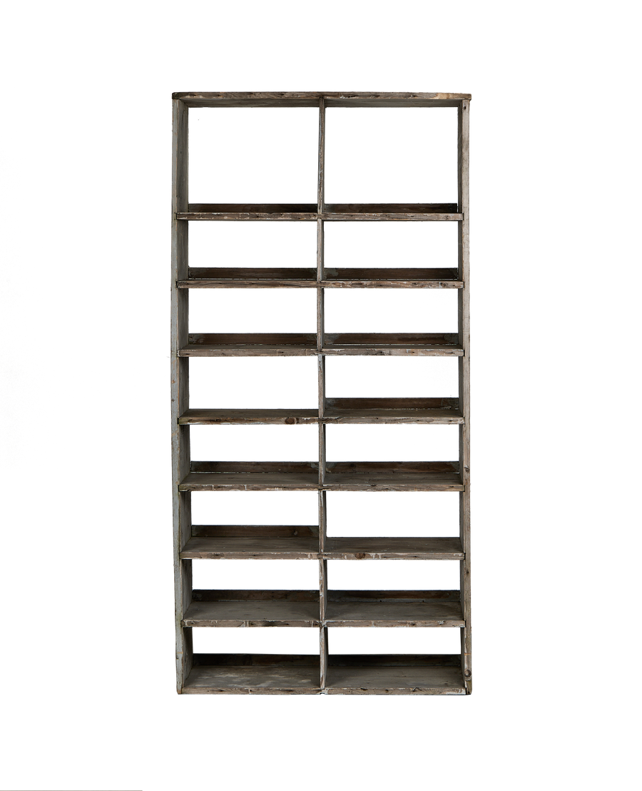 French vintage oak painted shelves, tall rectangular view, multiple interior compartments.