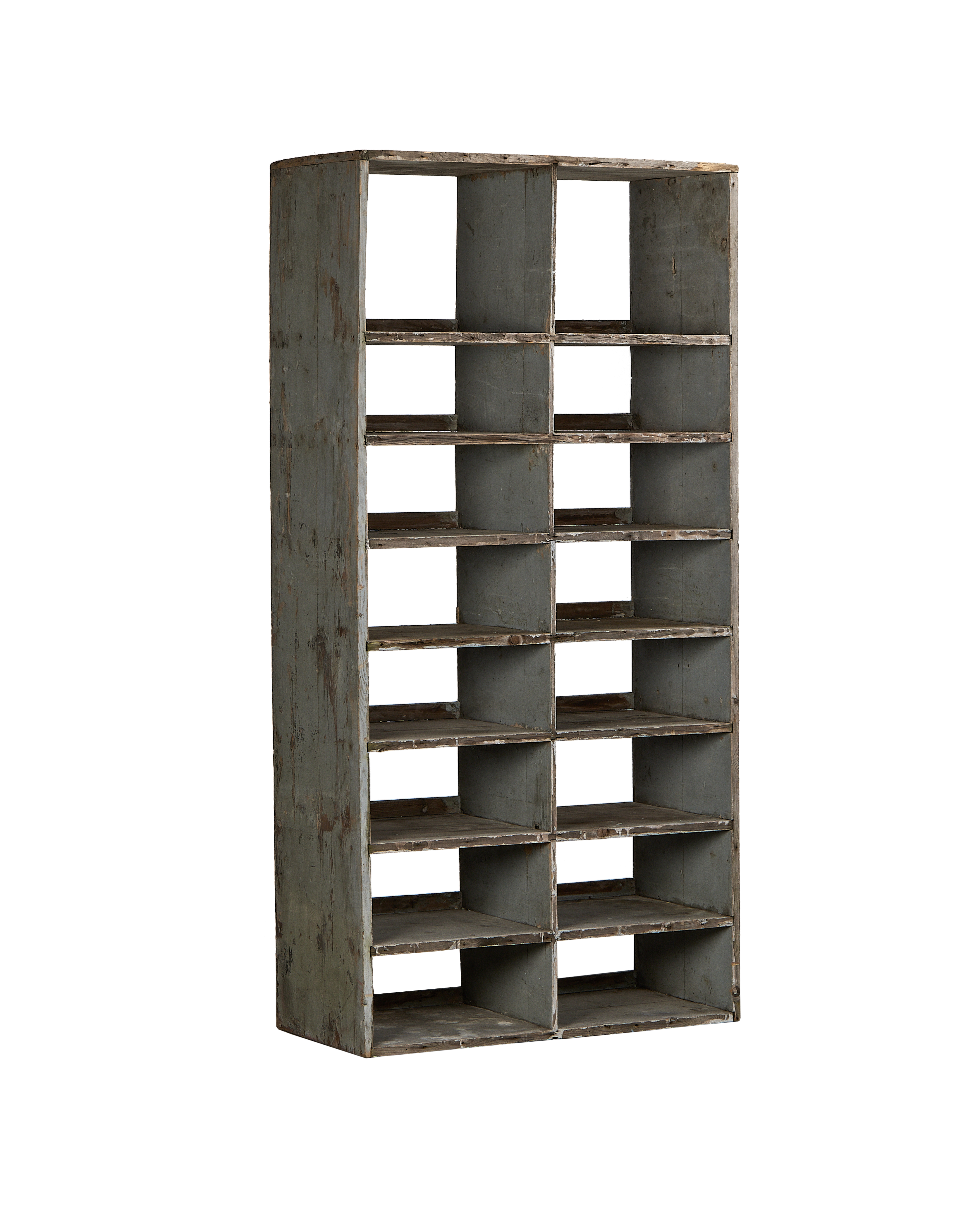 Vintage French oak cubby shelves with distressed gray paint, multi-compartment wooden storage unit.