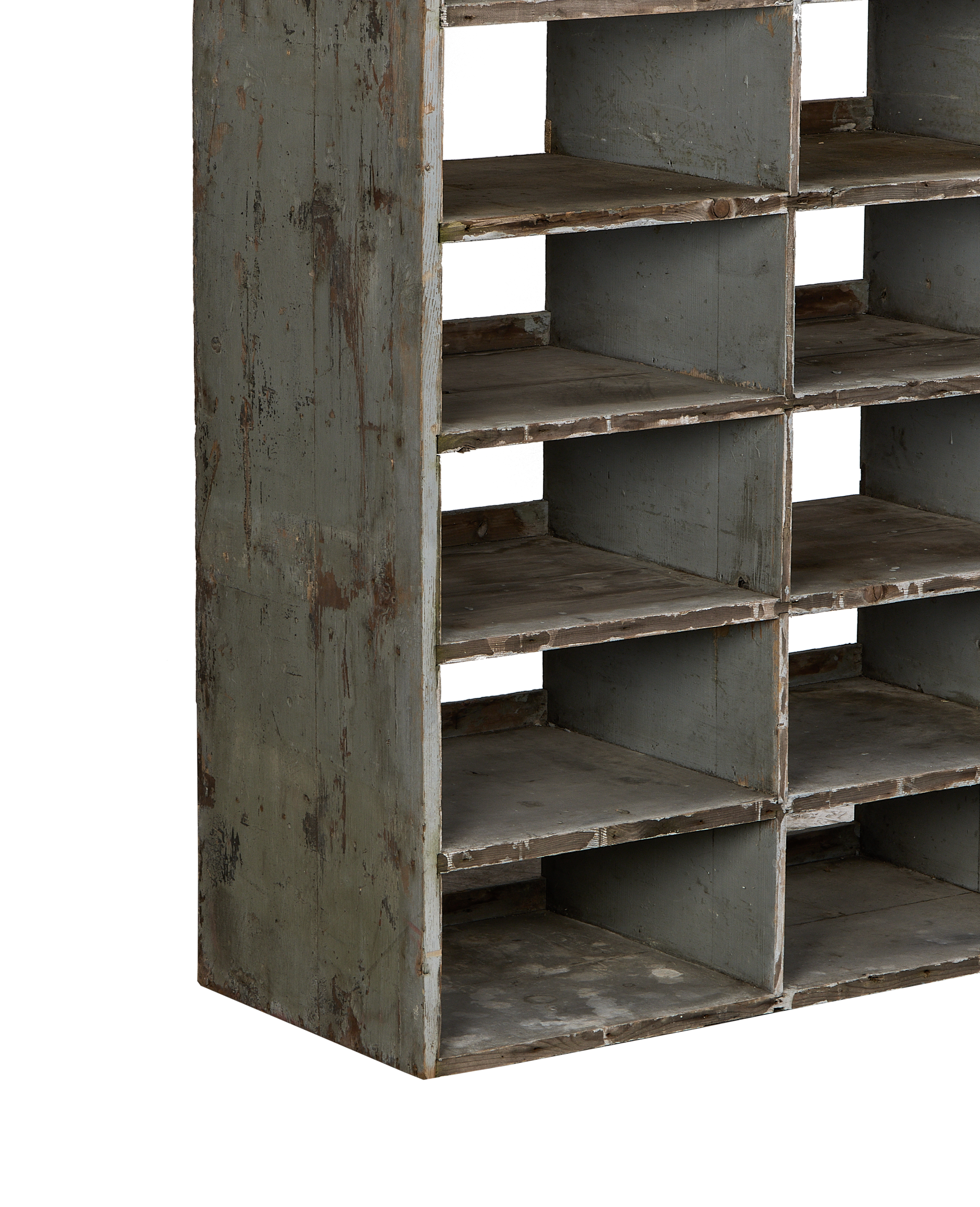 Vintage French oak shelves, detailed close-up of distressed green paint, showing wear and pigeon holes.