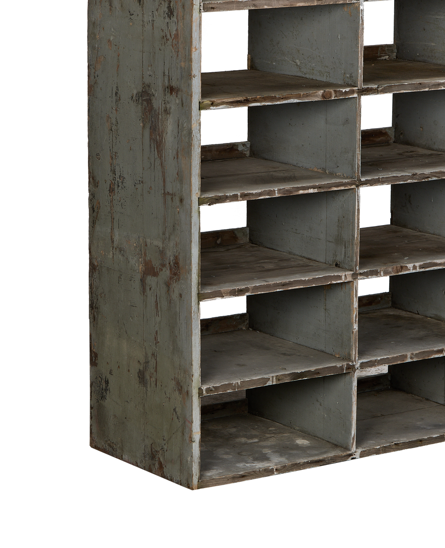 Vintage French oak shelves, detailed close-up of distressed green paint, showing wear and pigeon holes.