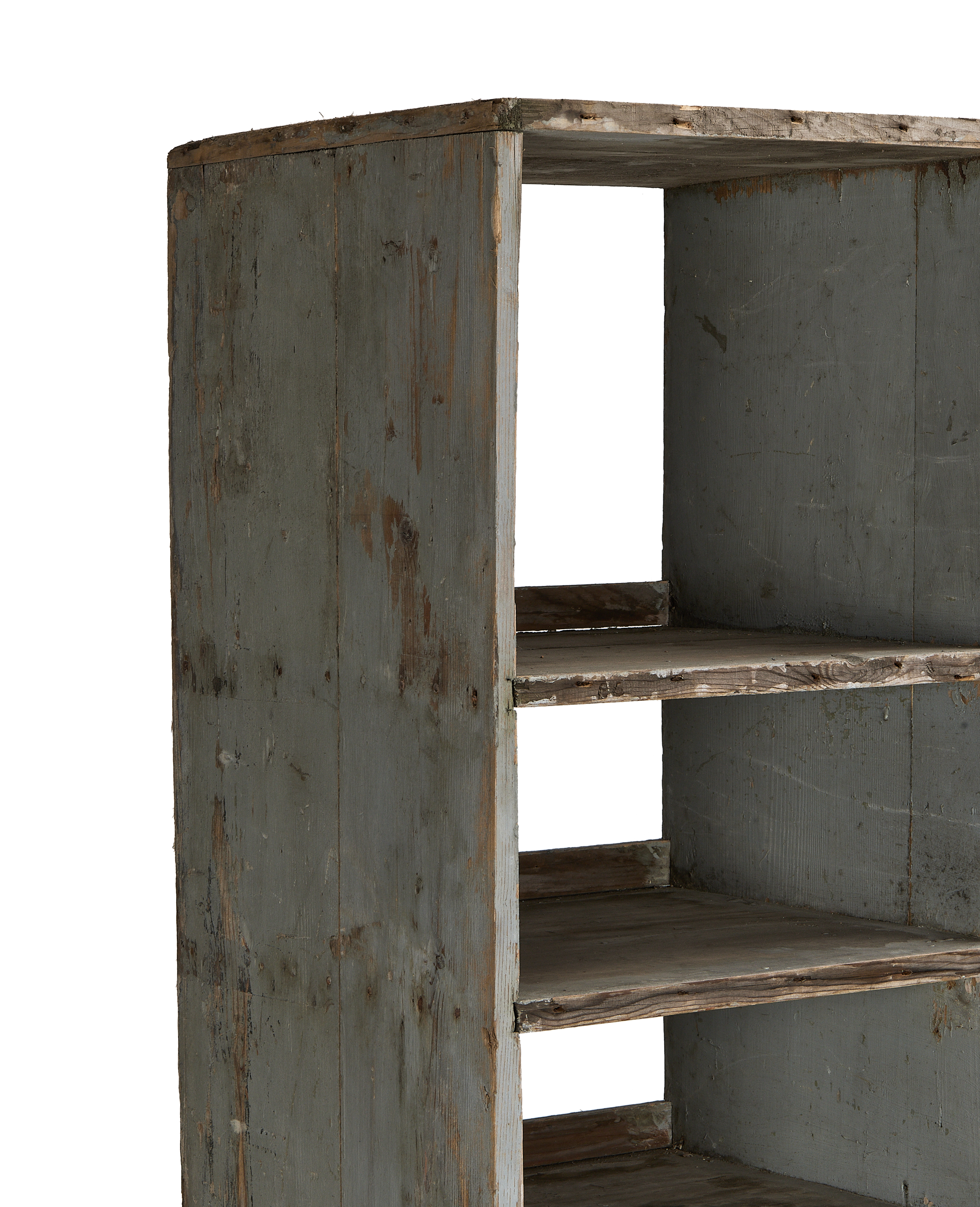 Vintage French oak shelves, distressed grey paint showing natural wood grain and wear.