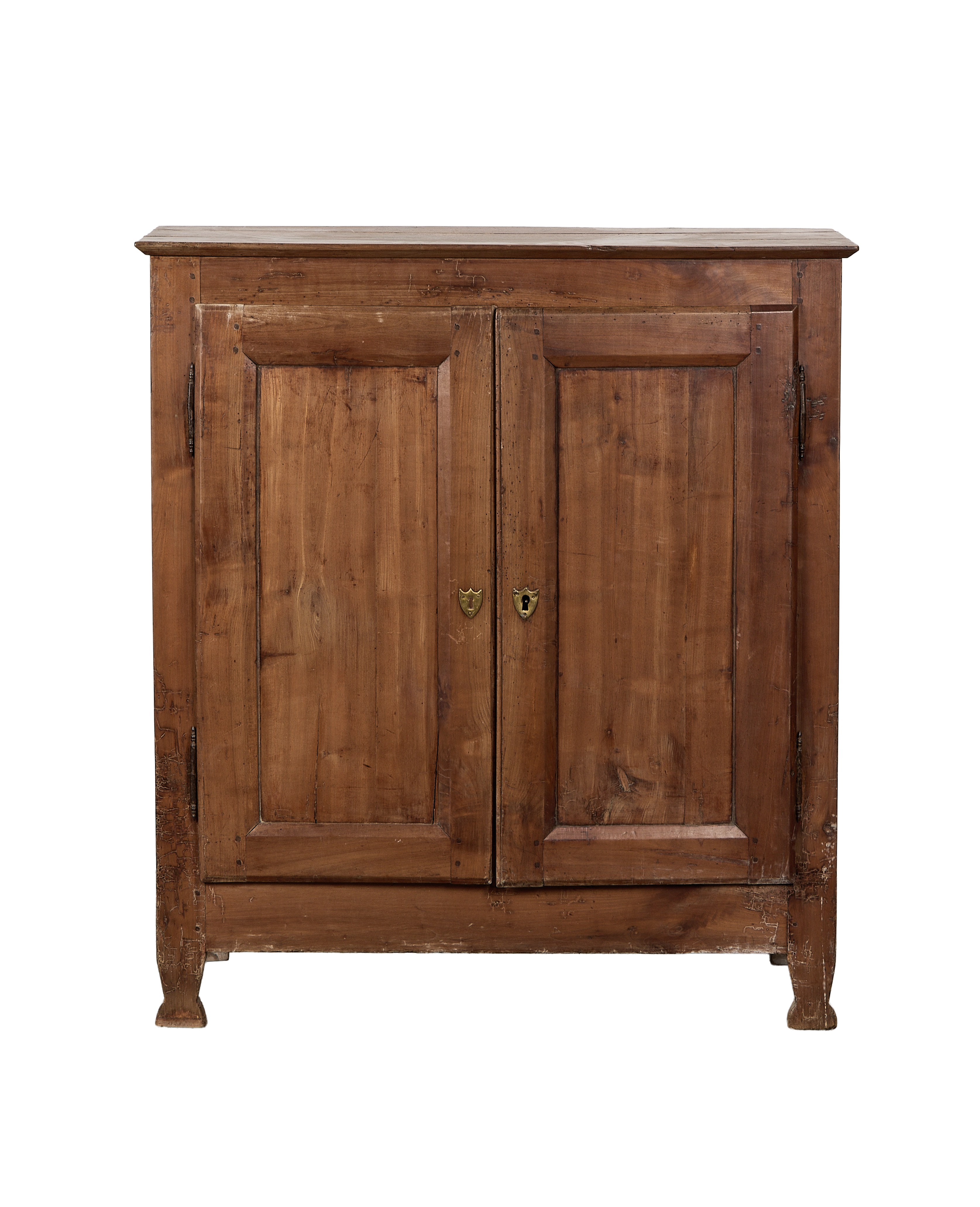 Vintage Parisian oak cabinet, two paneled doors, distressed patina, brass keyholes, France.