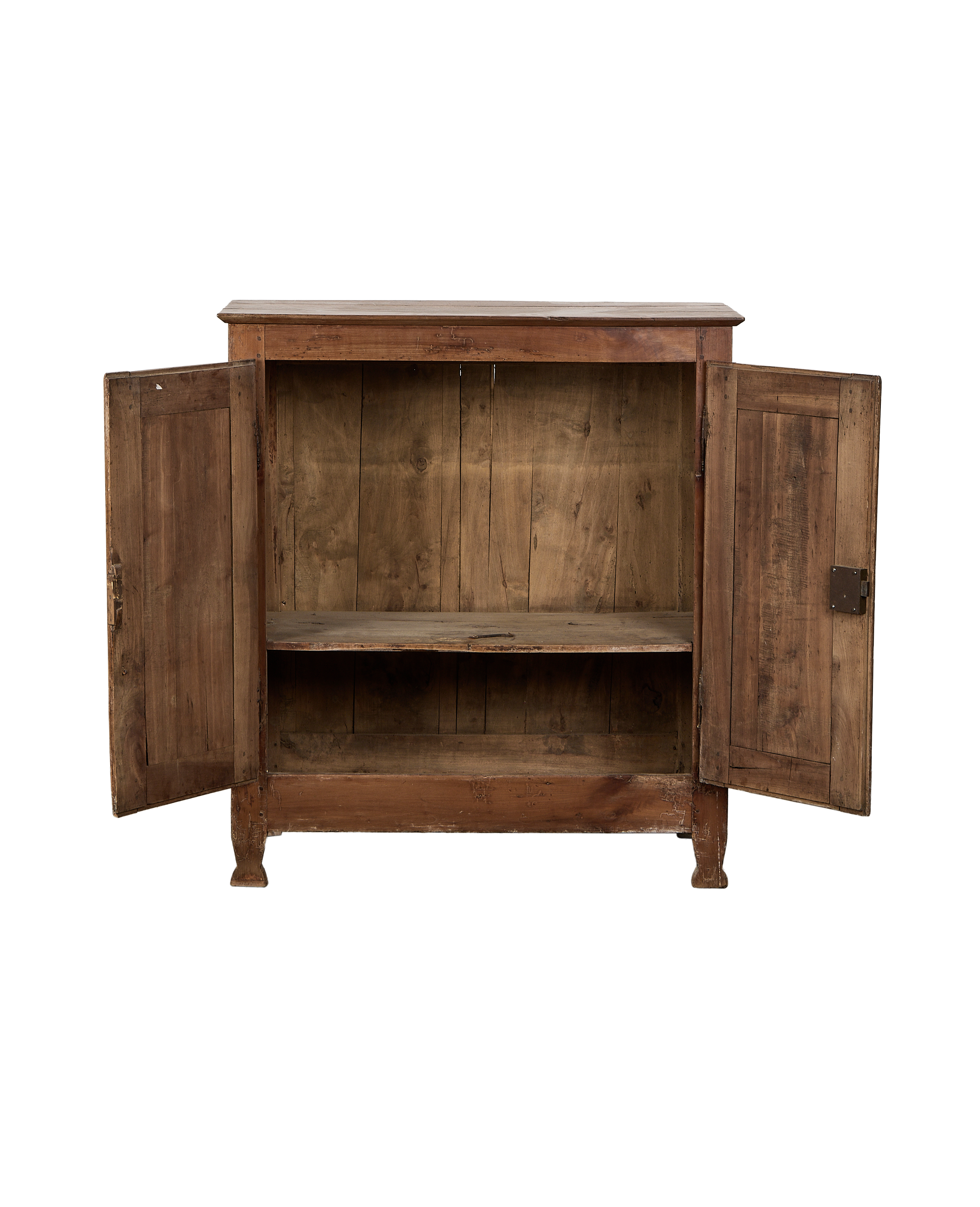 Vintage Parisian oak cabinet with open doors reveal interior shelf and aged wood grain.