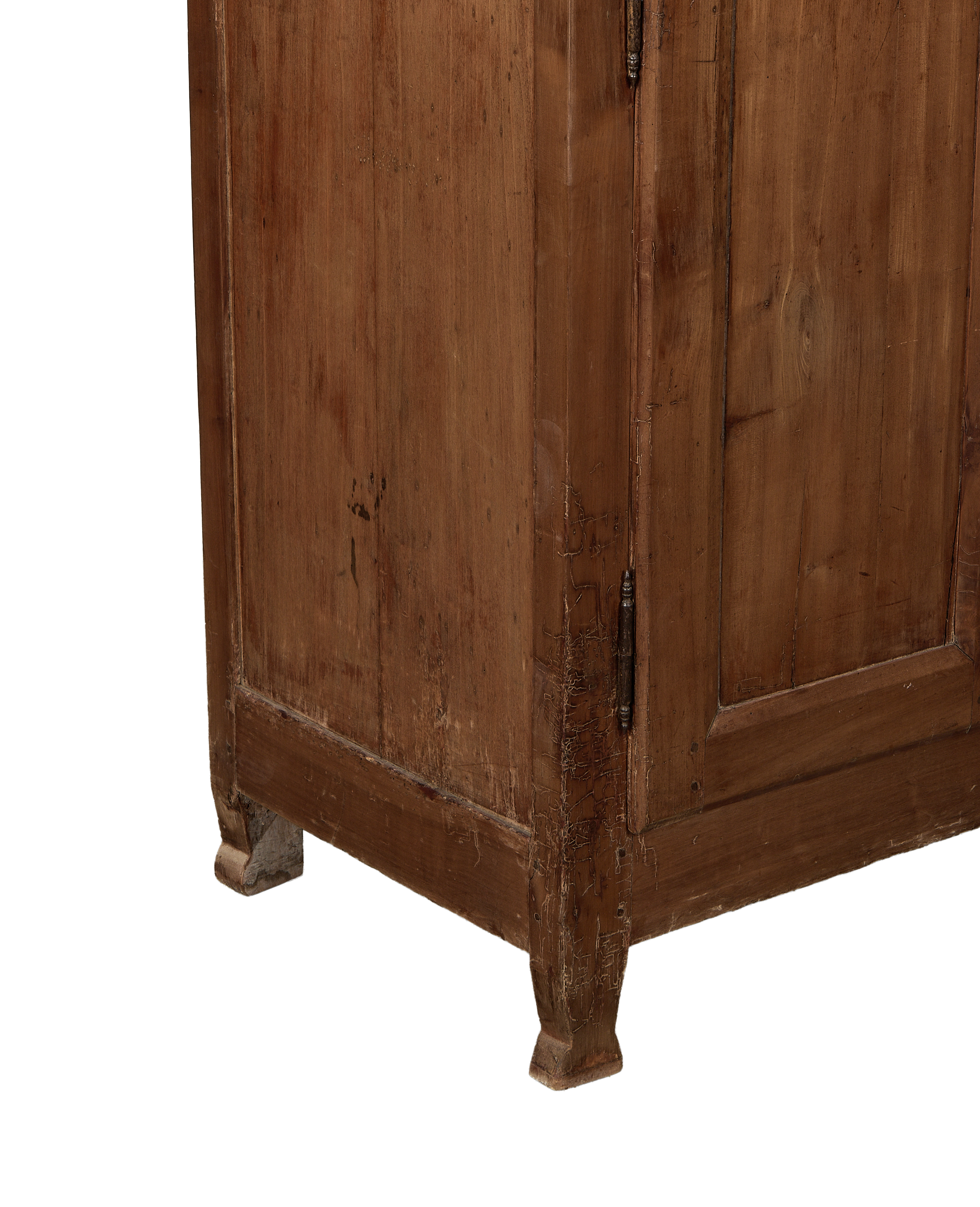 Vintage oak Parisian cabinet, showing distressed bottom trim and original metal hinges.