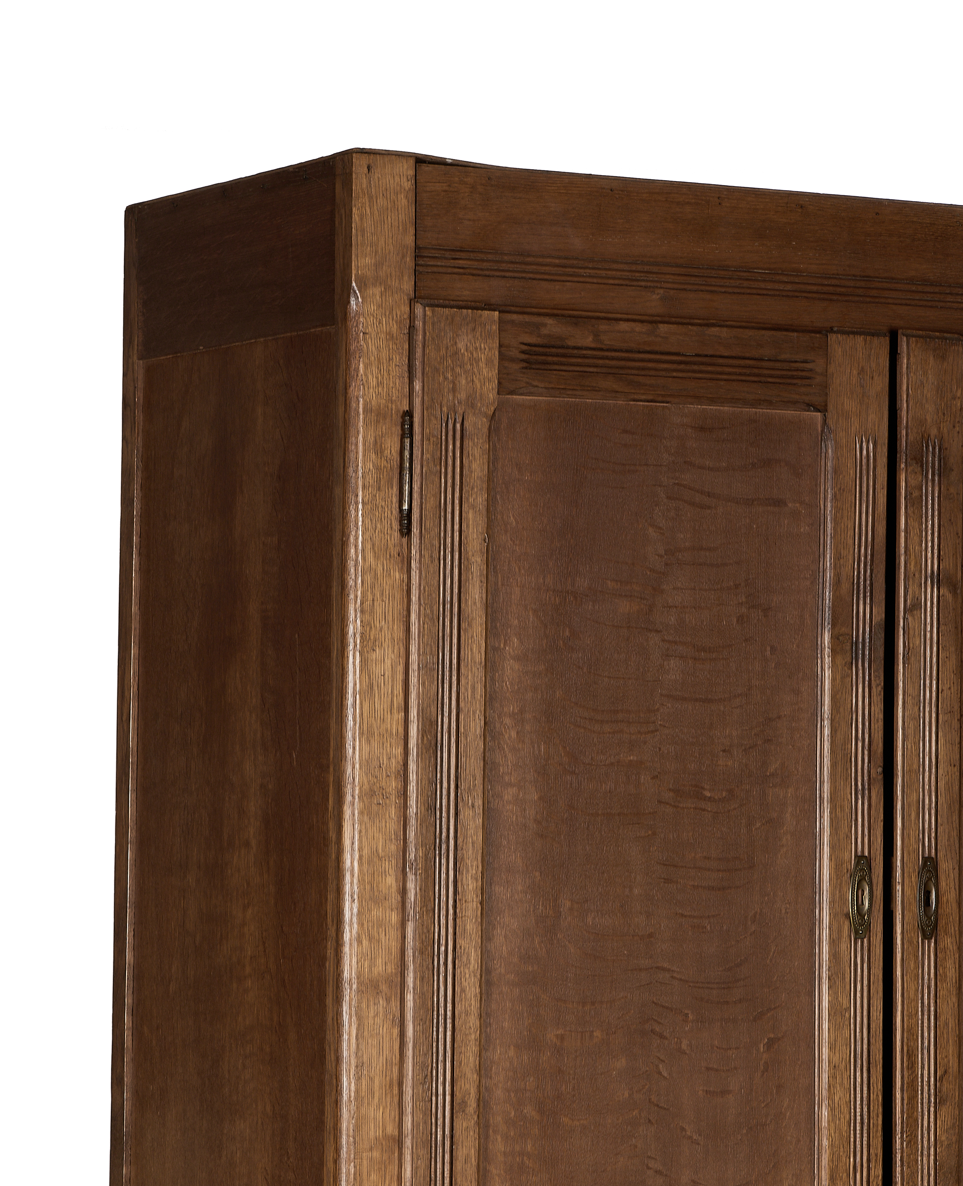 Upper right corner: French vintage oak armoire with panel detailing and brass hardware.