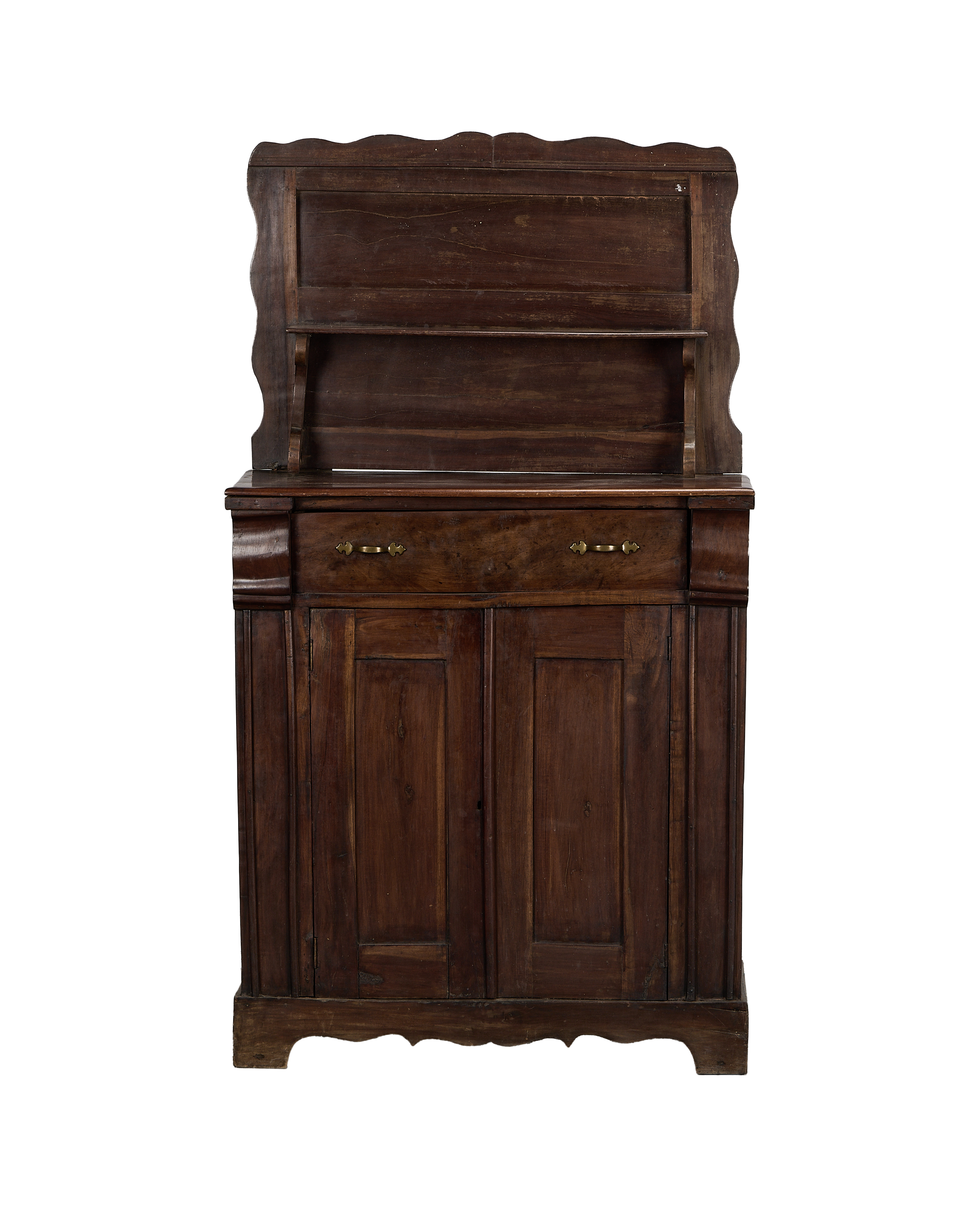 Vintage French oak wood hutch with scalloped top, single shelf, drawers, and cabinet doors.