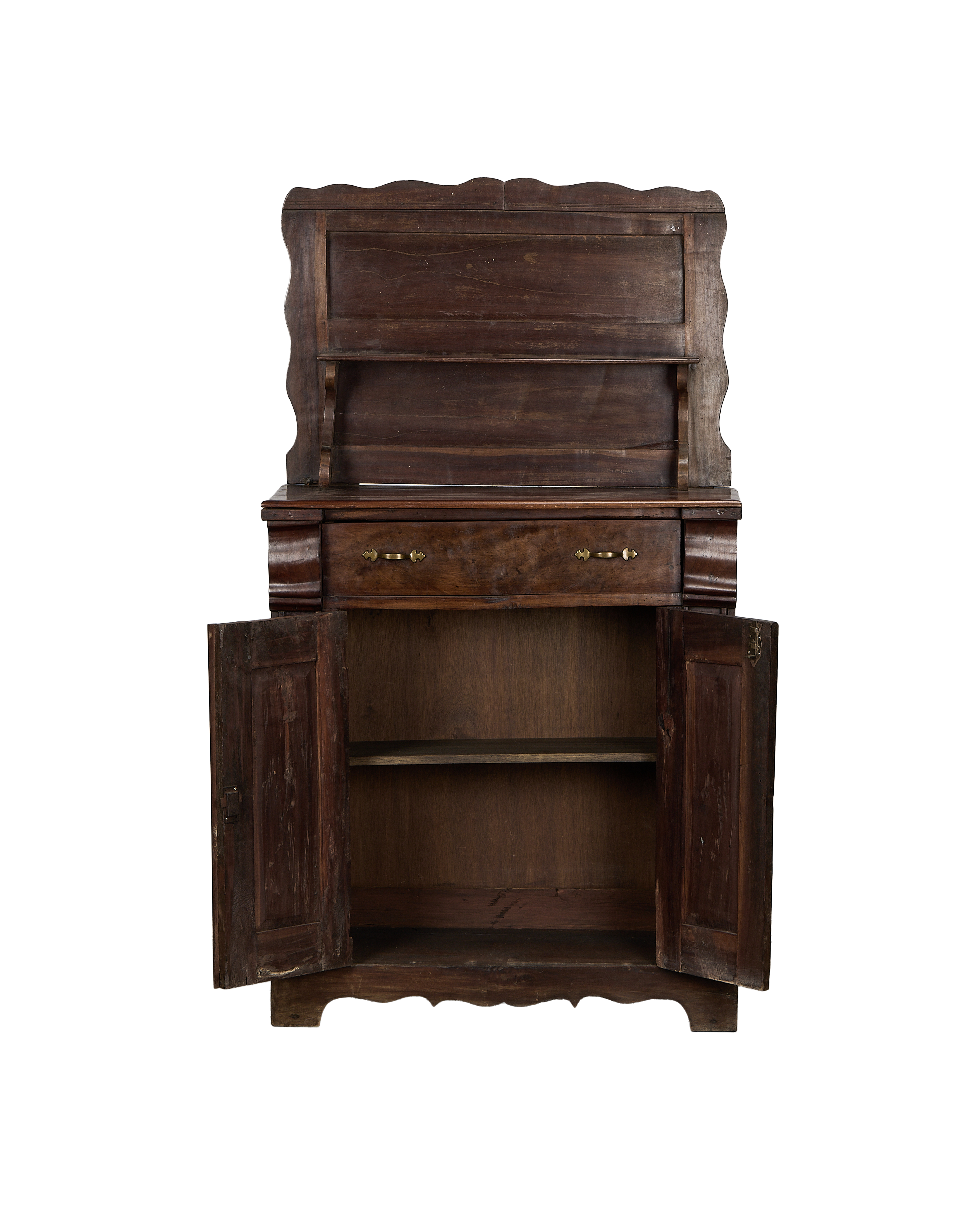Vintage French oak hutch, open doors reveal interior shelving and drawer.