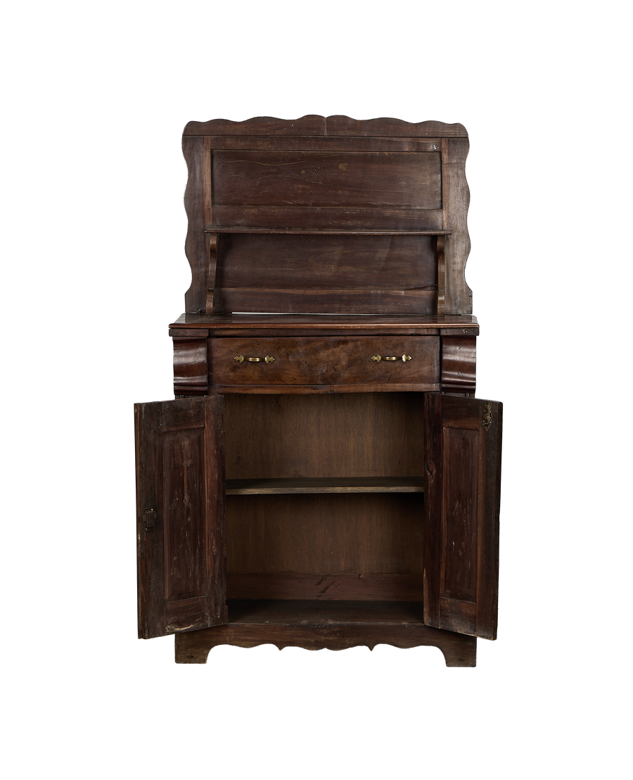 Vintage French oak hutch, open doors reveal interior shelving and drawer.