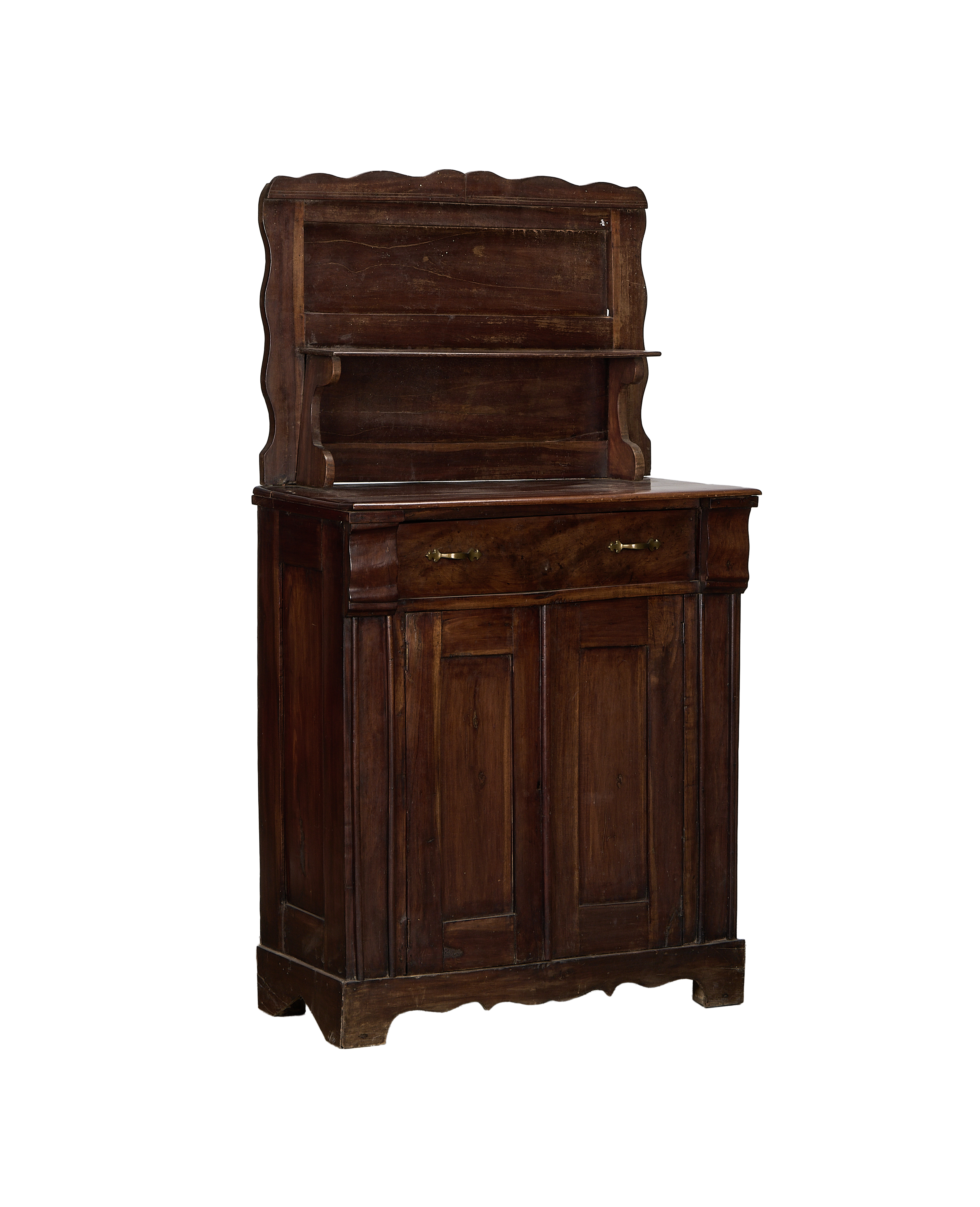 Vintage French oak hutch, full front view, showing drawer handles and bottom cabinet.