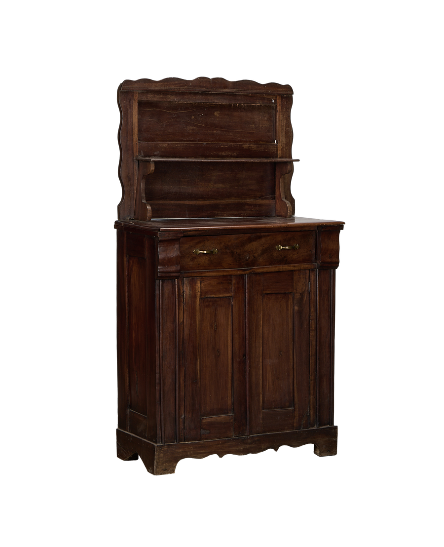 Vintage French oak hutch, full front view, showing drawer handles and bottom cabinet.