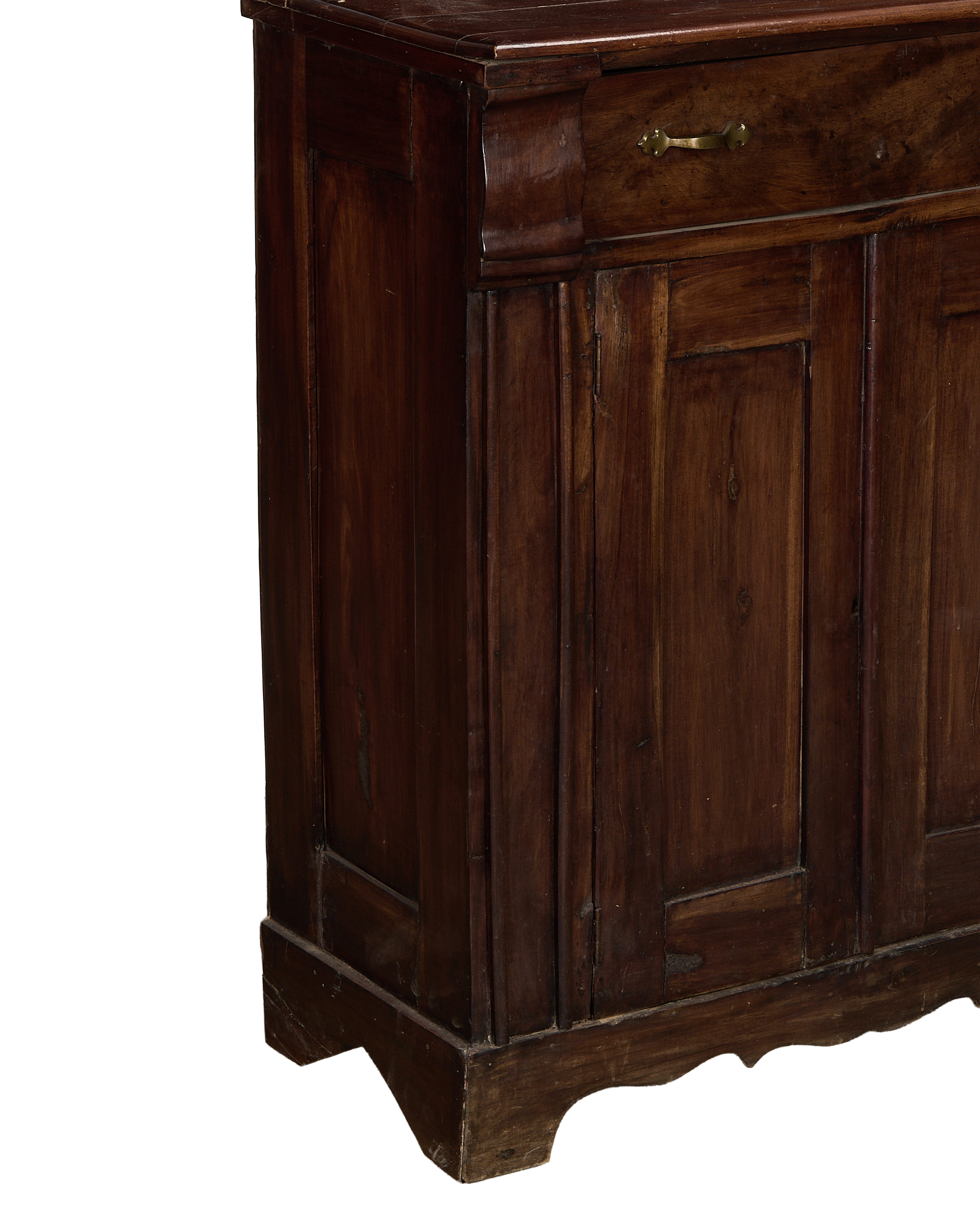 Vintage French oak wood hutch, close-up of side panel and drawer with brass pull.
