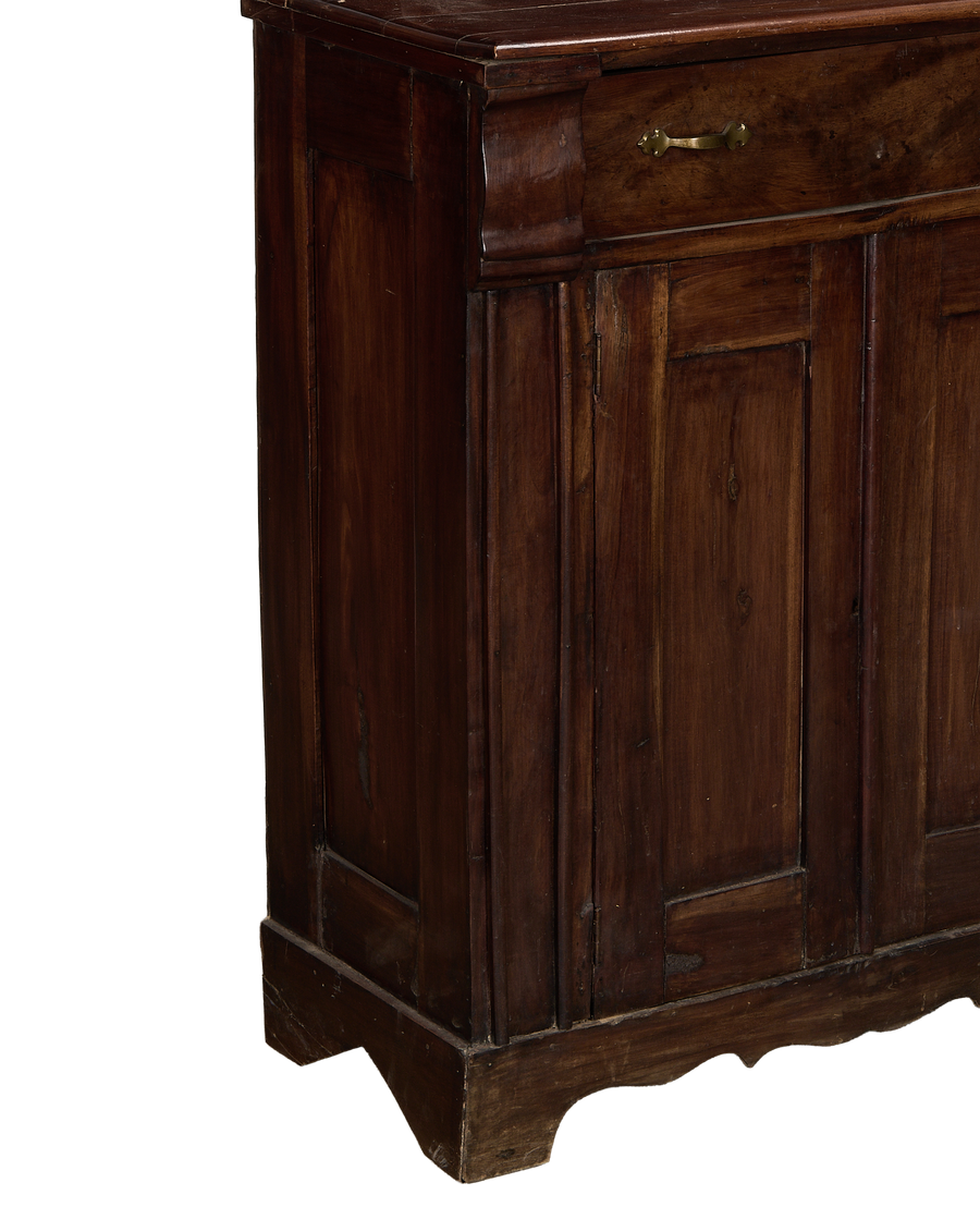 Vintage French oak wood hutch, close-up of side panel and drawer with brass pull.