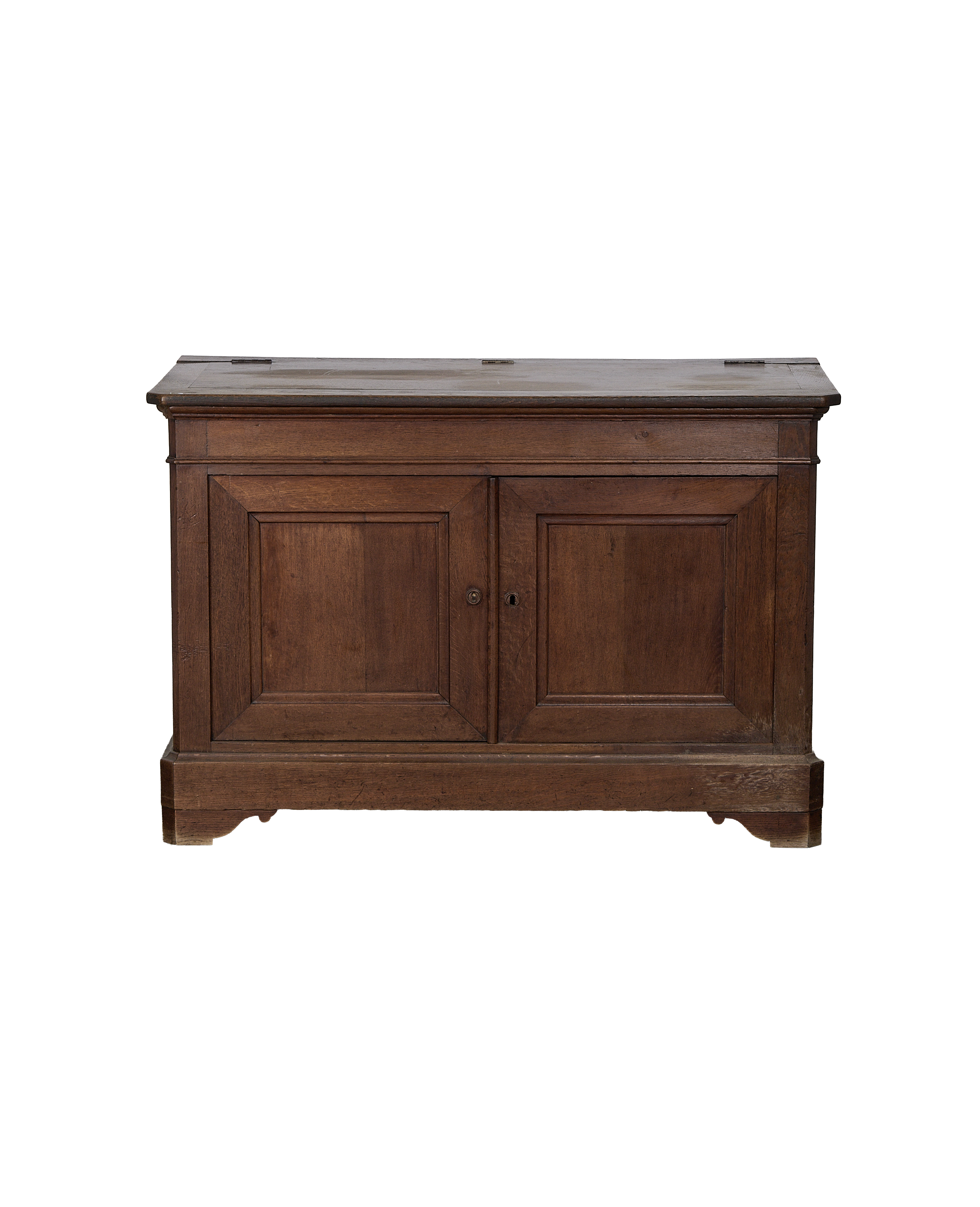 Vintage French oak sideboard, rich brown color, closed two-door cabinet, elegant paneling, front view.