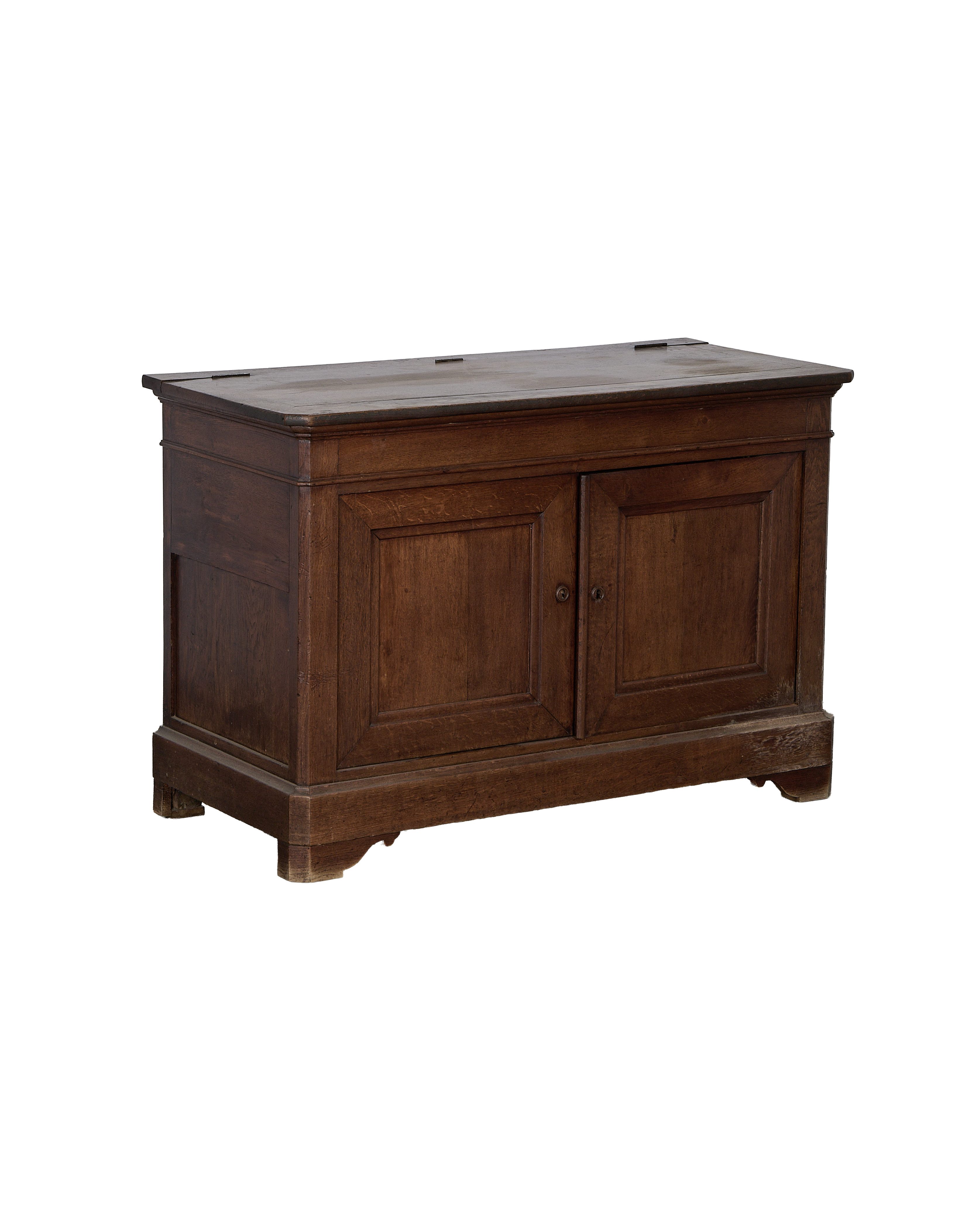 Vintage French oak sideboard, showing worn wood finish, hinged top, and cabinet details.