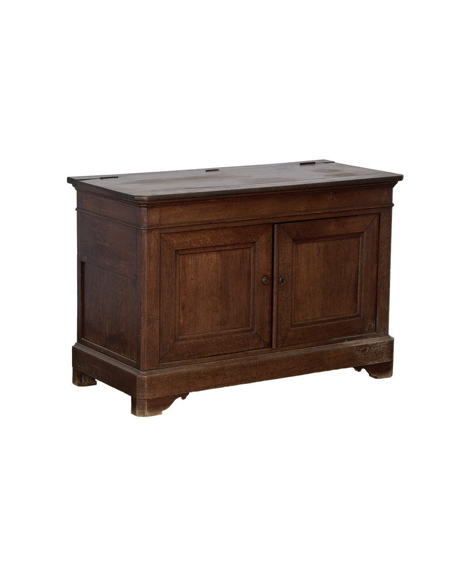 Vintage French oak sideboard, showing worn wood finish, hinged top, and cabinet details.
