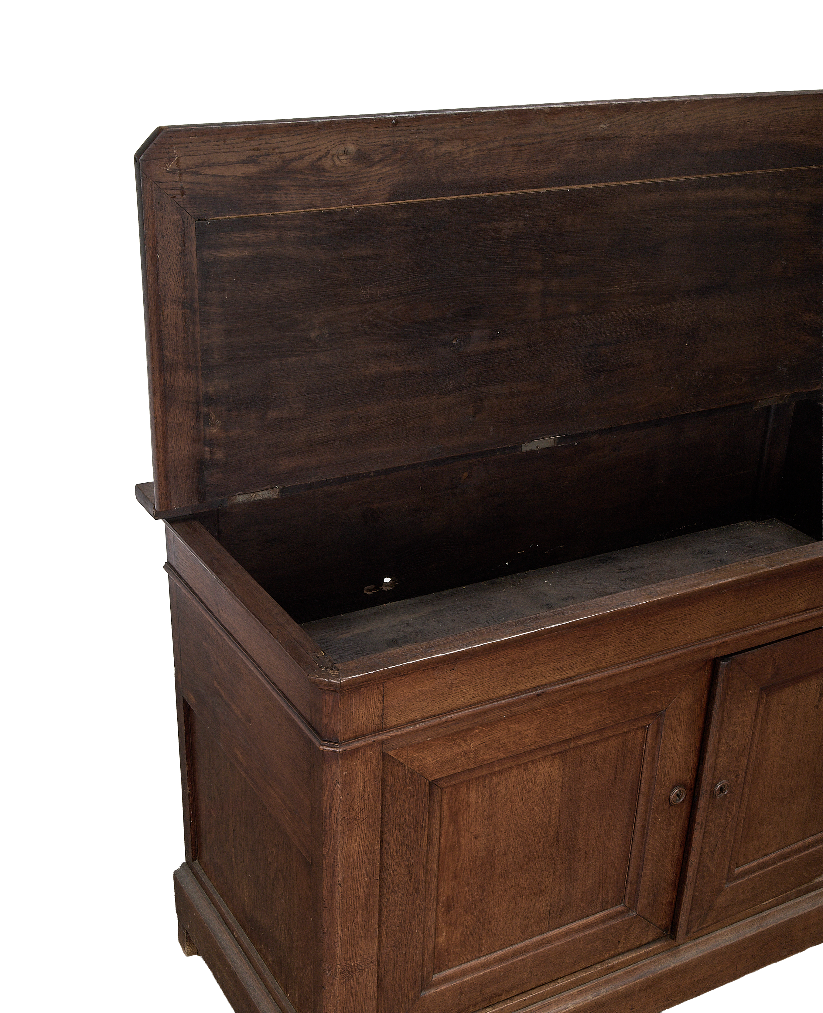 Vintage oak French sideboard open lid, showing inner storage compartment and door details.