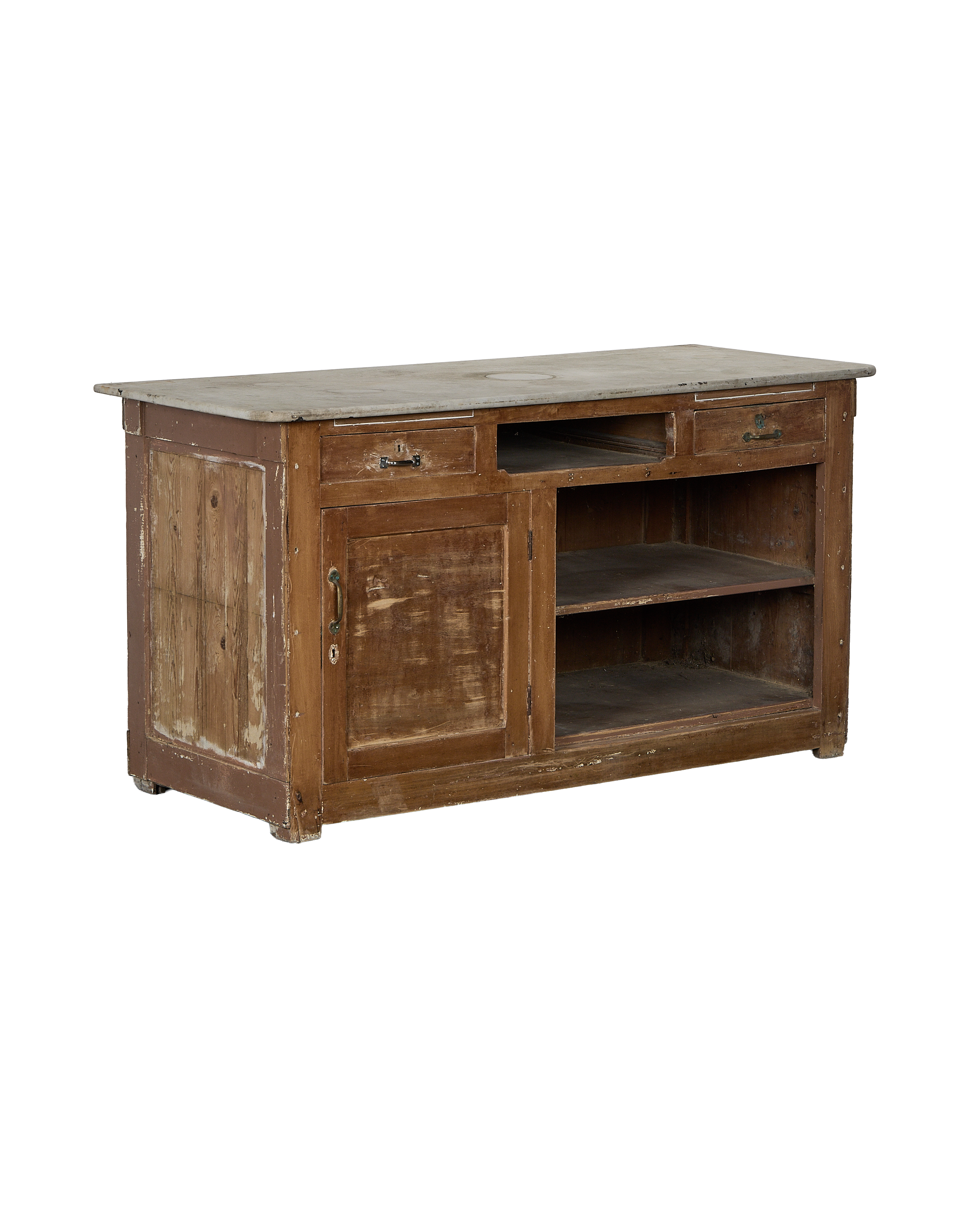 Vintage French OAK bakery counter, close-up of marble countertop and worn paint.