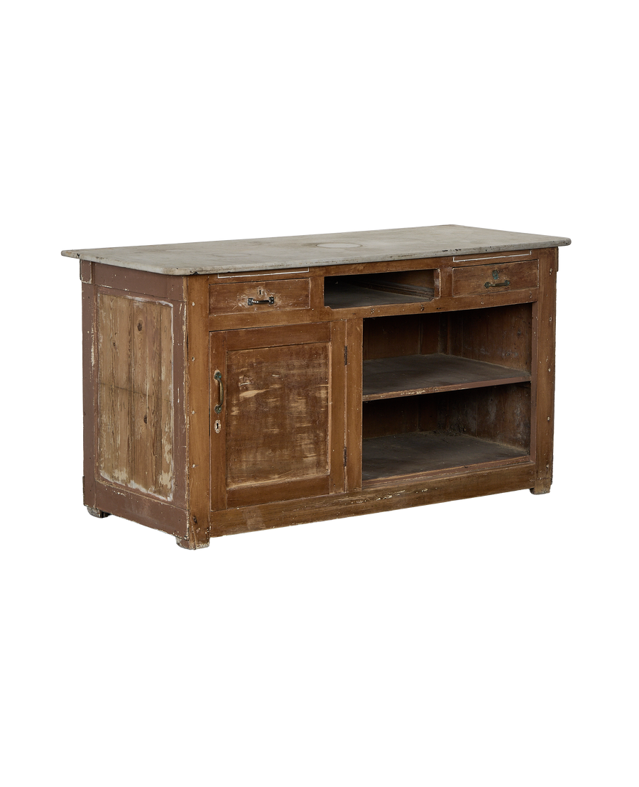 Vintage French OAK bakery counter, close-up of marble countertop and worn paint.