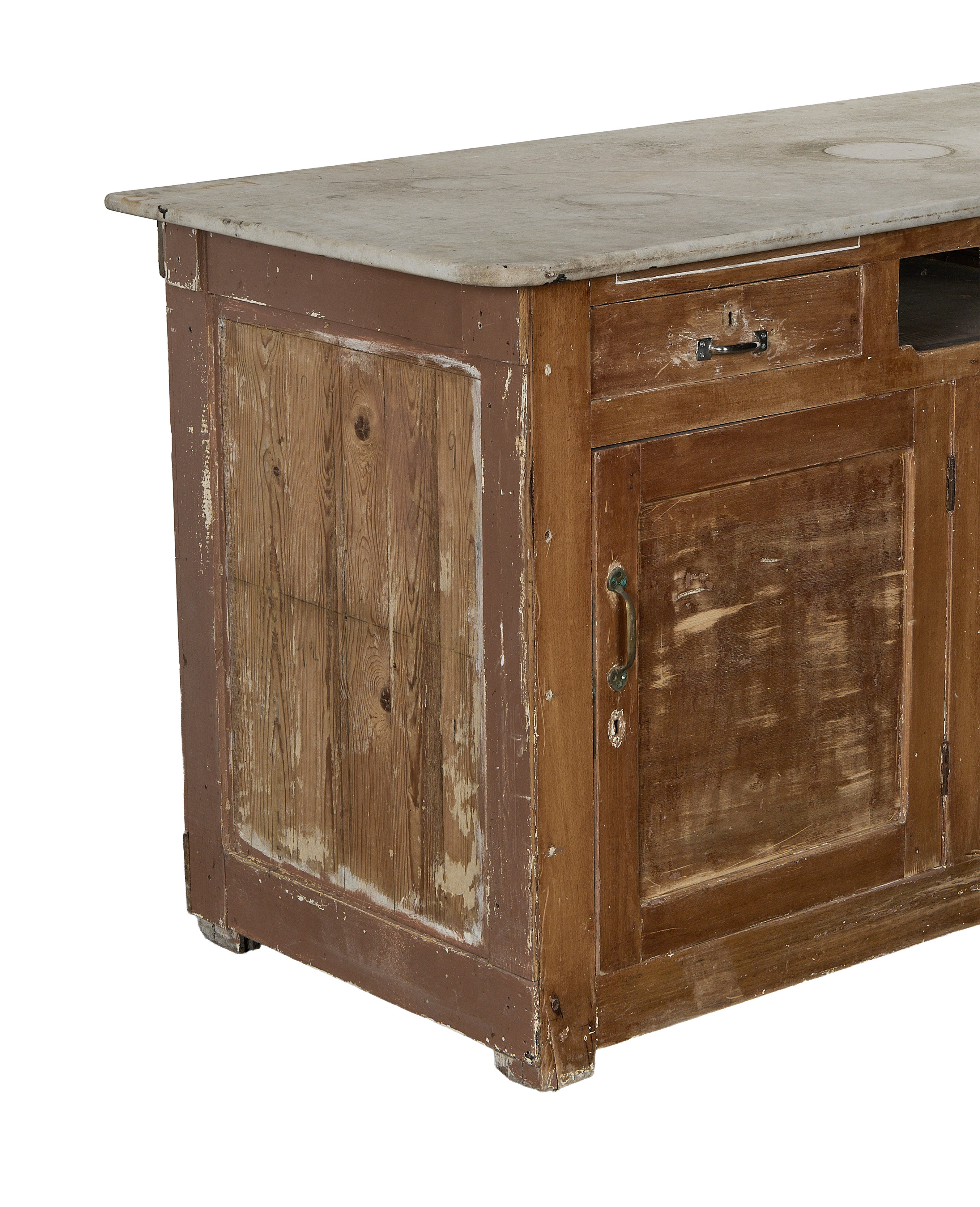 Vintage French bakery counter, oak, close-up of side panel and hardware.