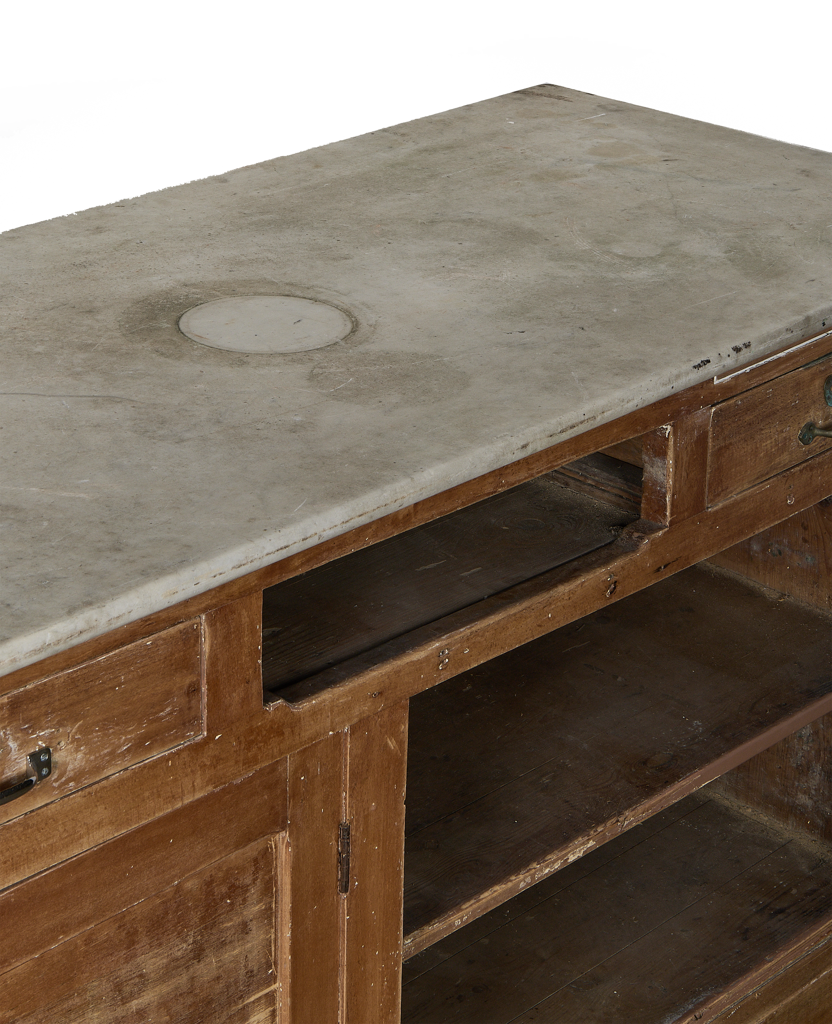 Vintage French oak bakery counter, distressed, showing chipped paint and detail of the marble top.