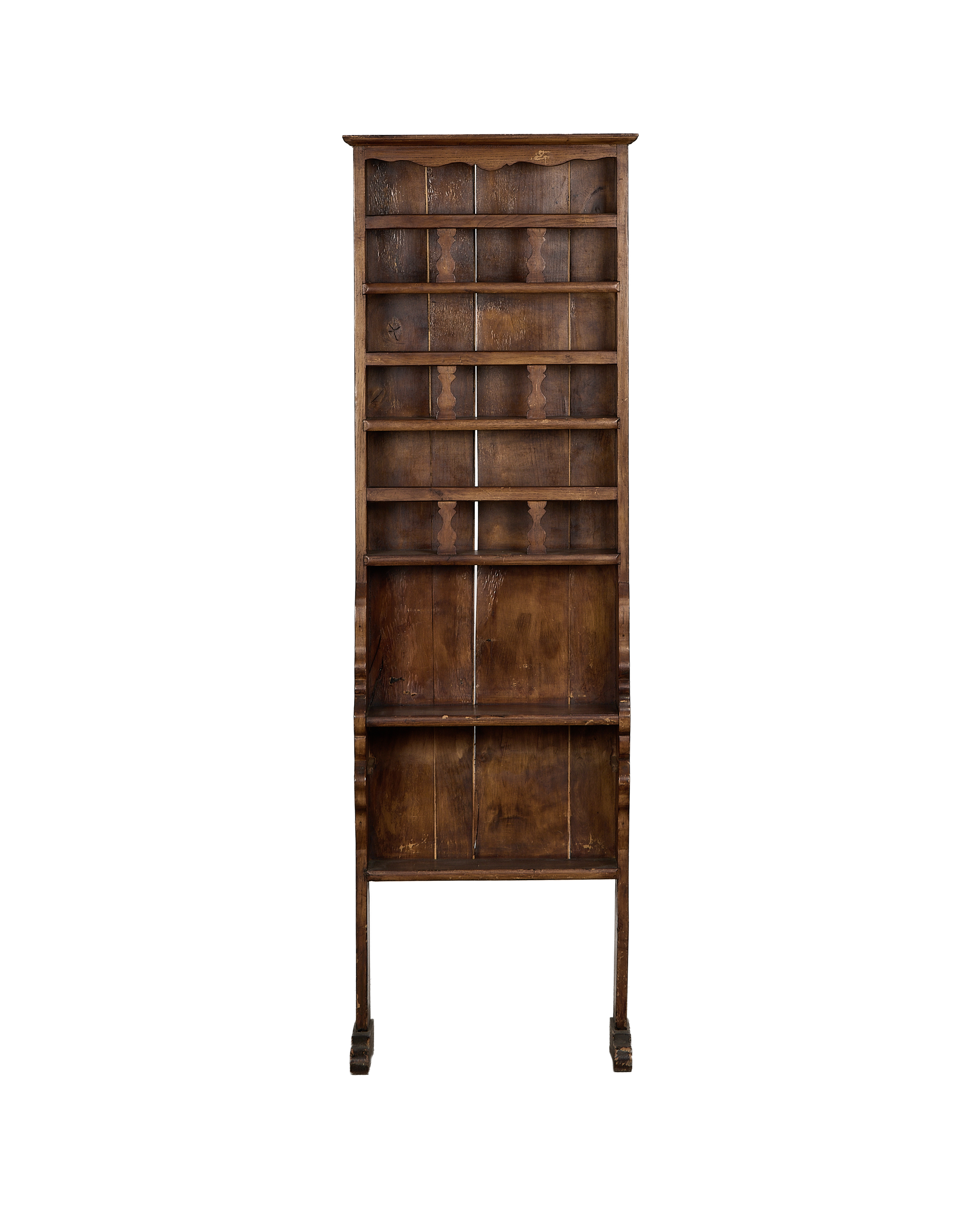 Vintage French oak dish shelf, dark wood, multiple open shelves, distressed condition.