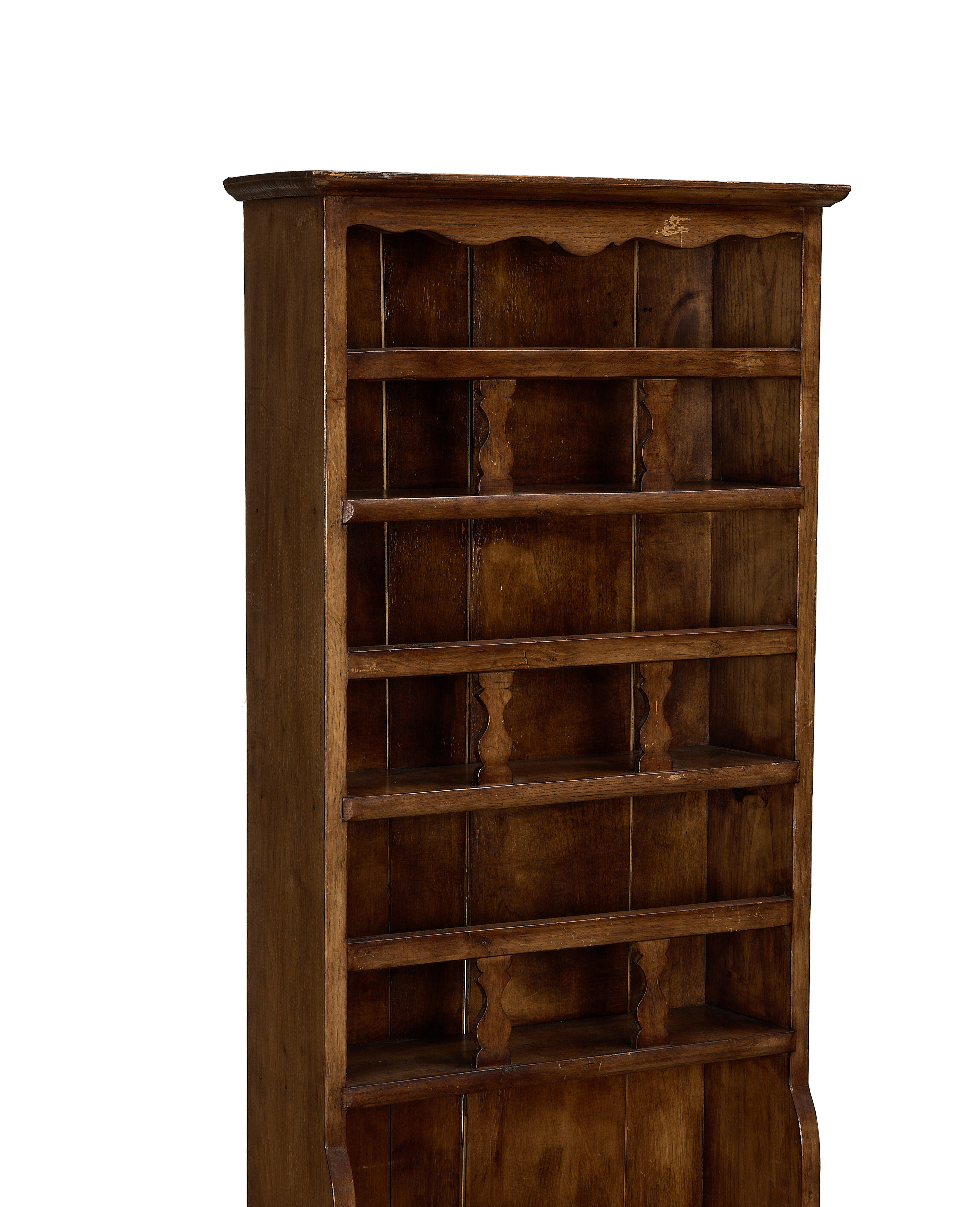 Vintage French oak dish shelf, close-up of dark patina and curved bottom detail.