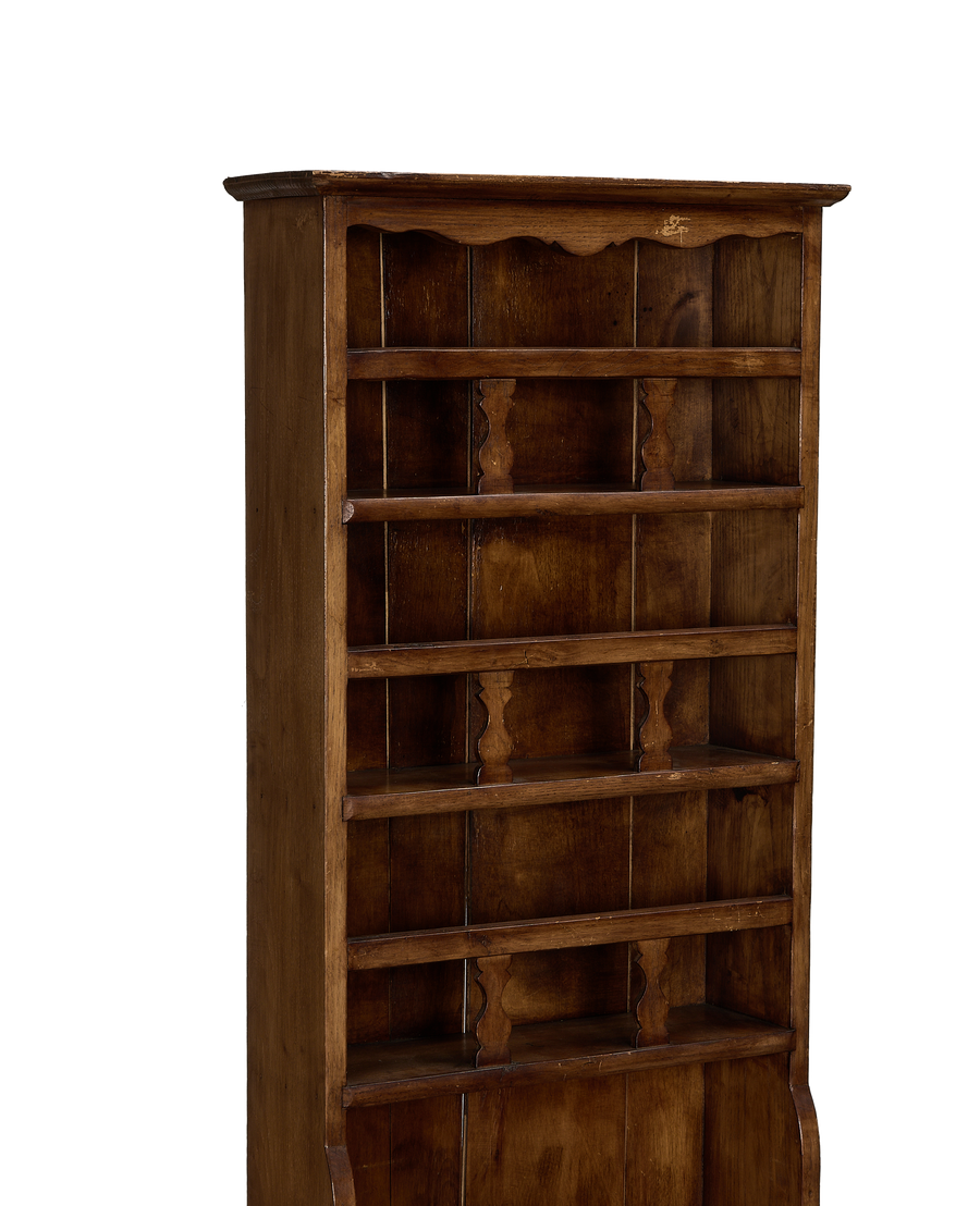 Vintage French oak dish shelf, close-up of dark patina and curved bottom detail.