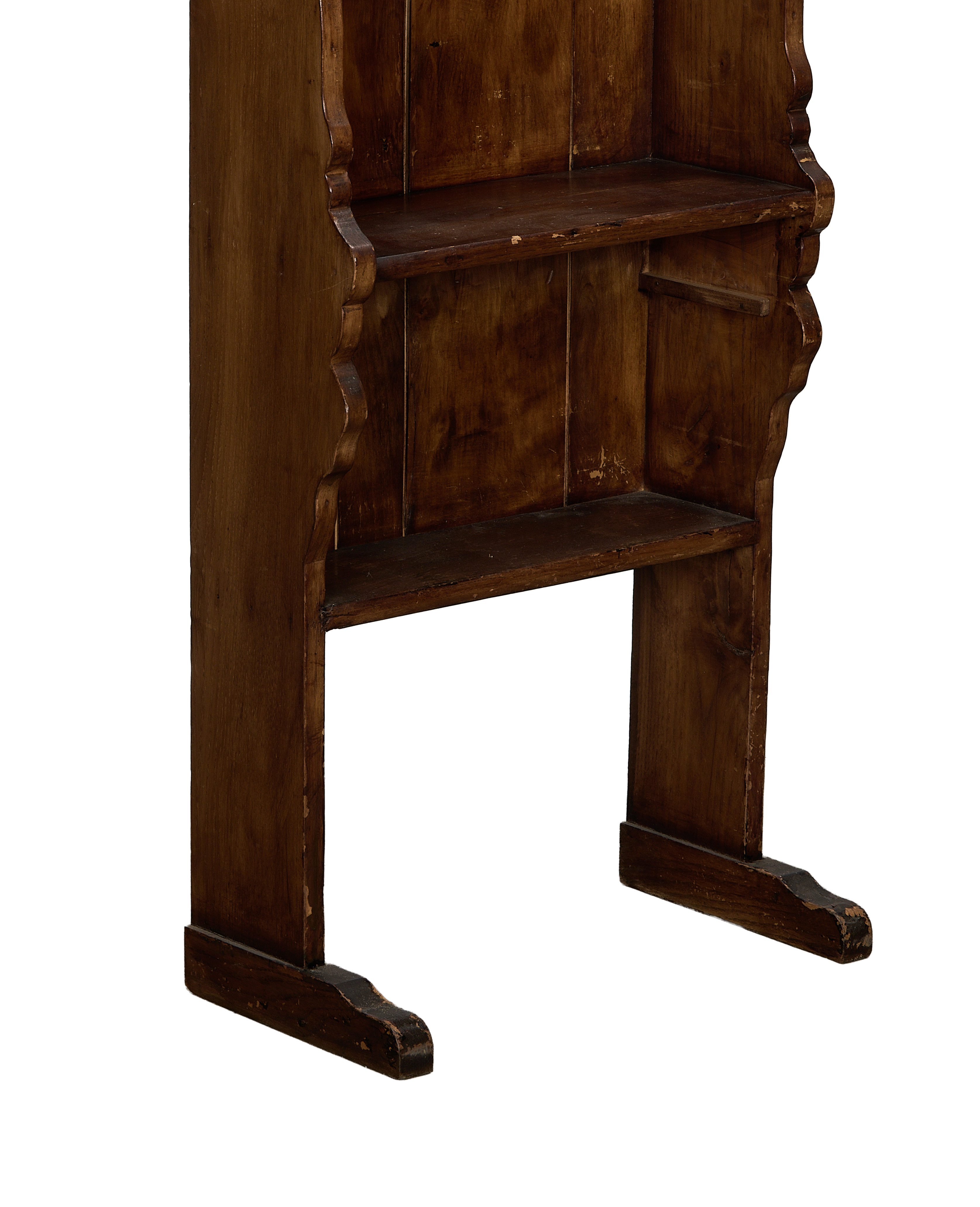 Vintage French oak dish shelf base, showing carved feet and wear.