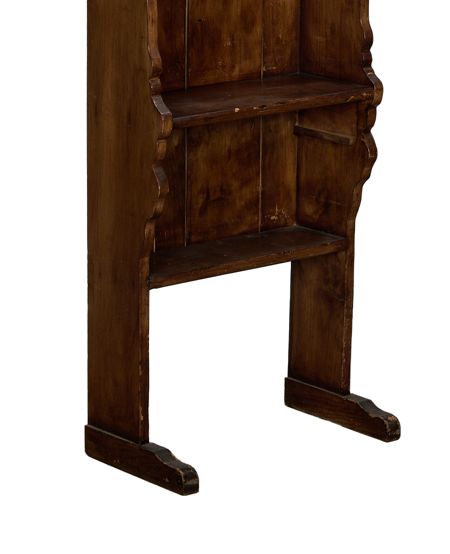 Vintage French oak dish shelf base, showing carved feet and wear.