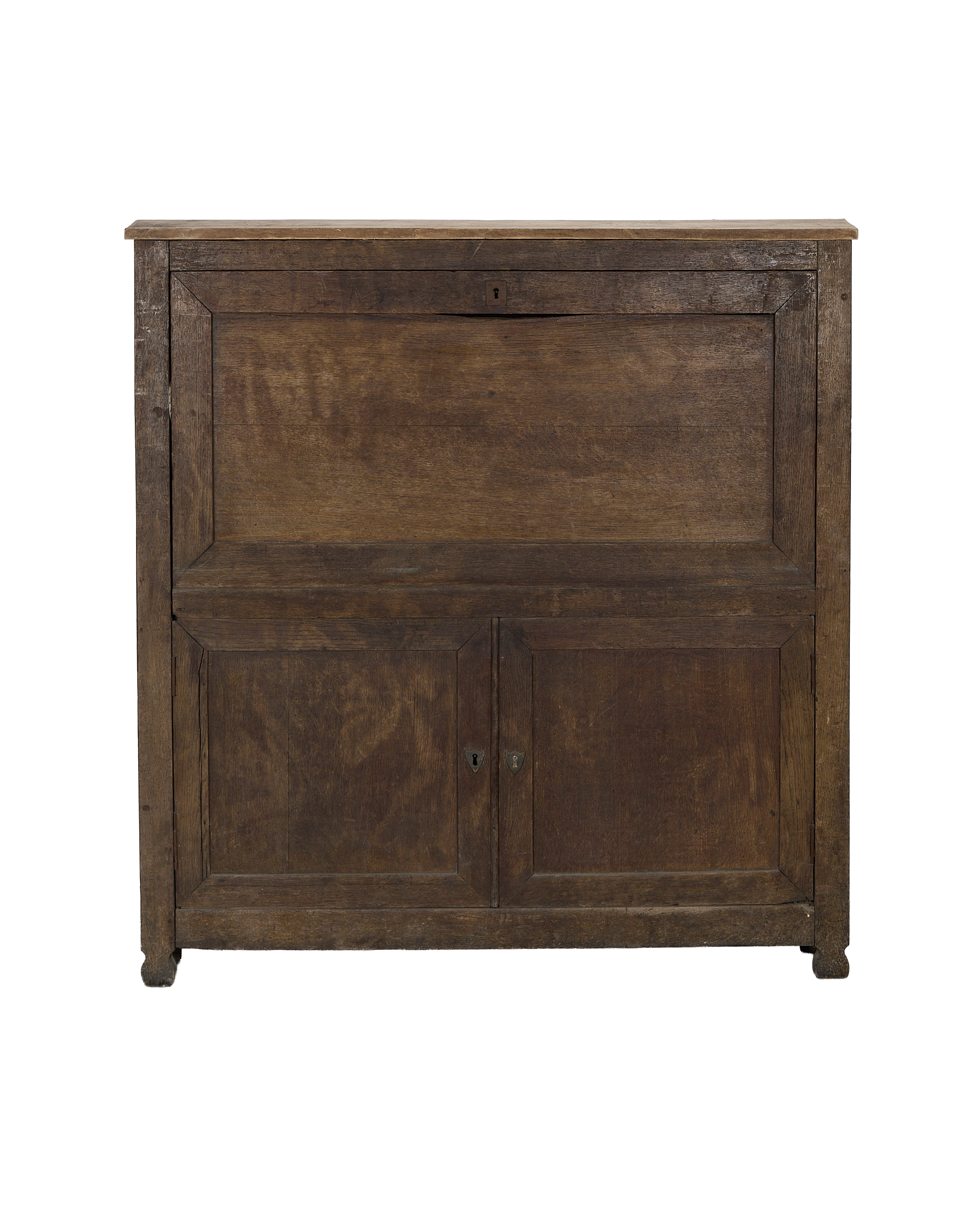 Vintage French oak desk cabinet with fall front and two panel doors, original keyholes.